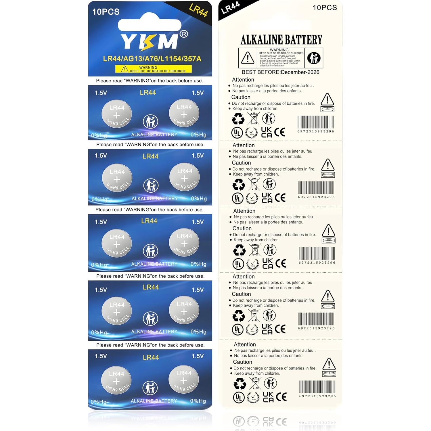 Paquete de 10 Baterías Alcalinas LR44 YKM 1.5V para Reloj