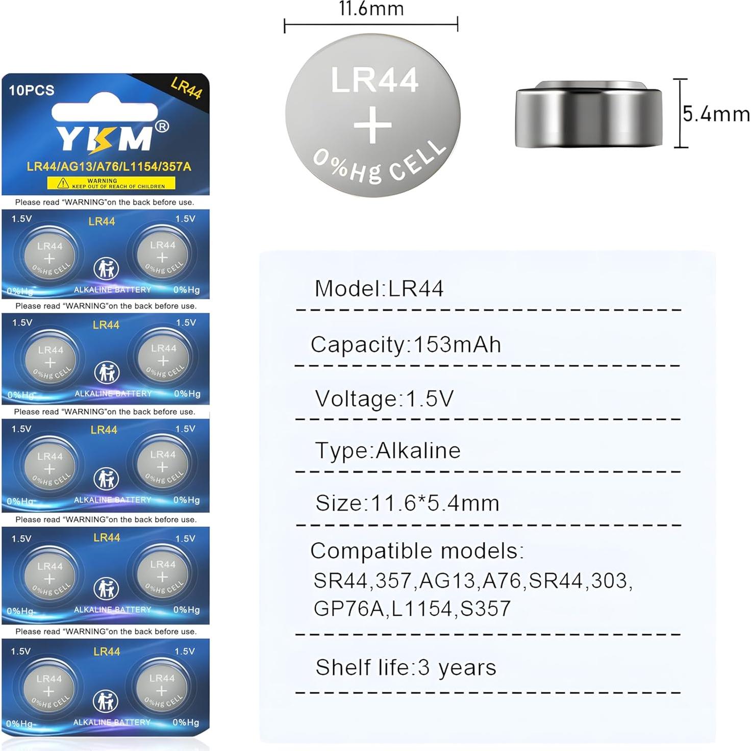Paquete de 40 Baterías LR44 YKM 1.5V para Reloj y Termómetro