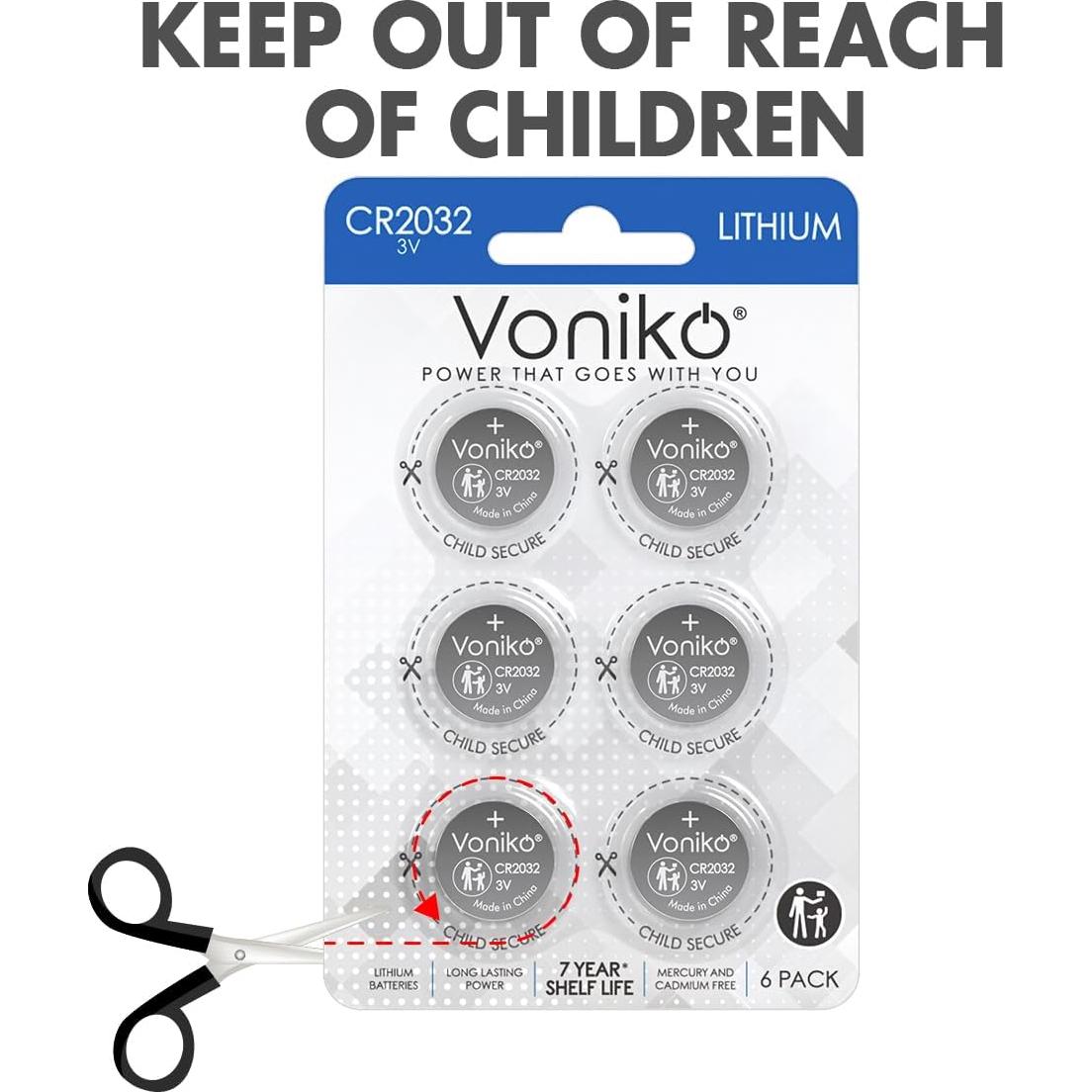 Baterías de Litio CR2032 3V Voniko Paquete de 6 - 7 Años Vida