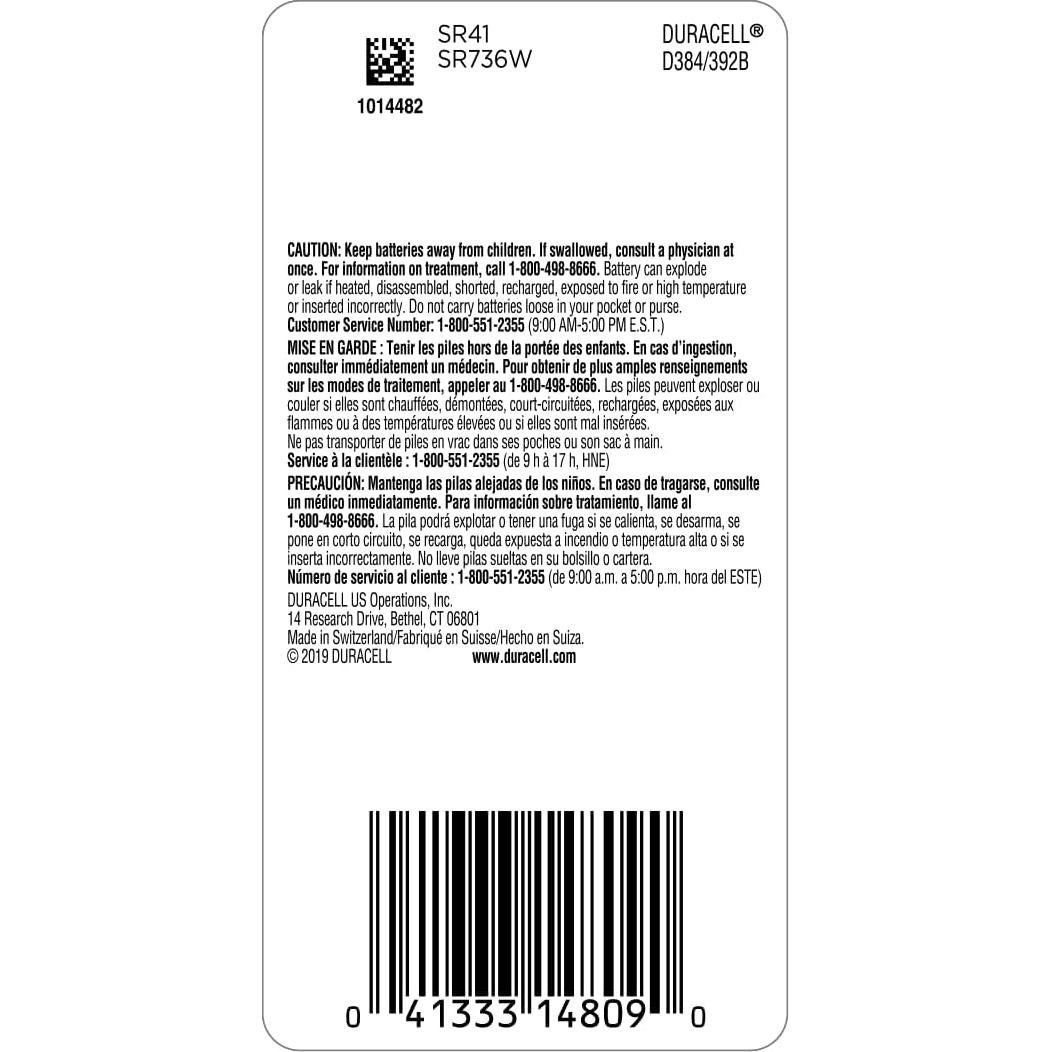 Batería de botón Duracell 384/392 óxido de plata 1.5V