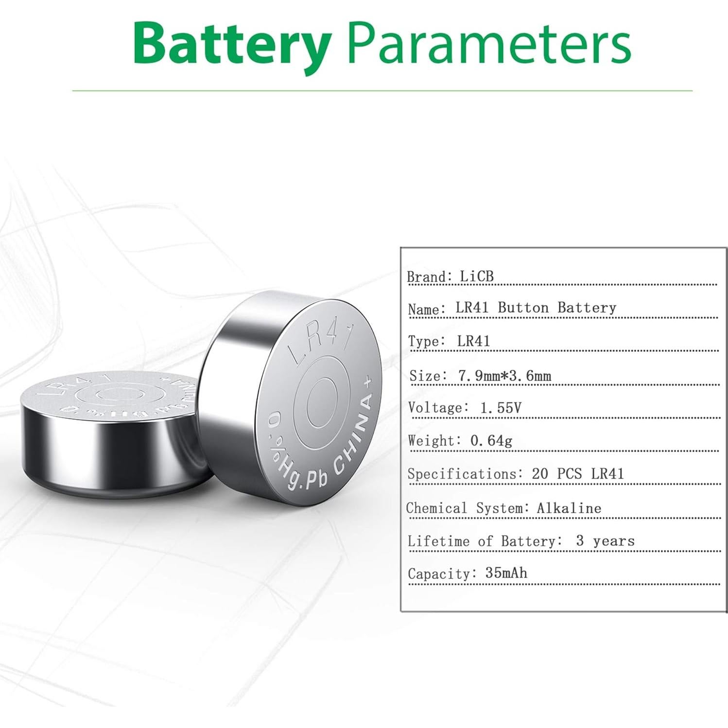 Paquete de 20 Baterías LR41 LiCB 1.5V de Larga Duración