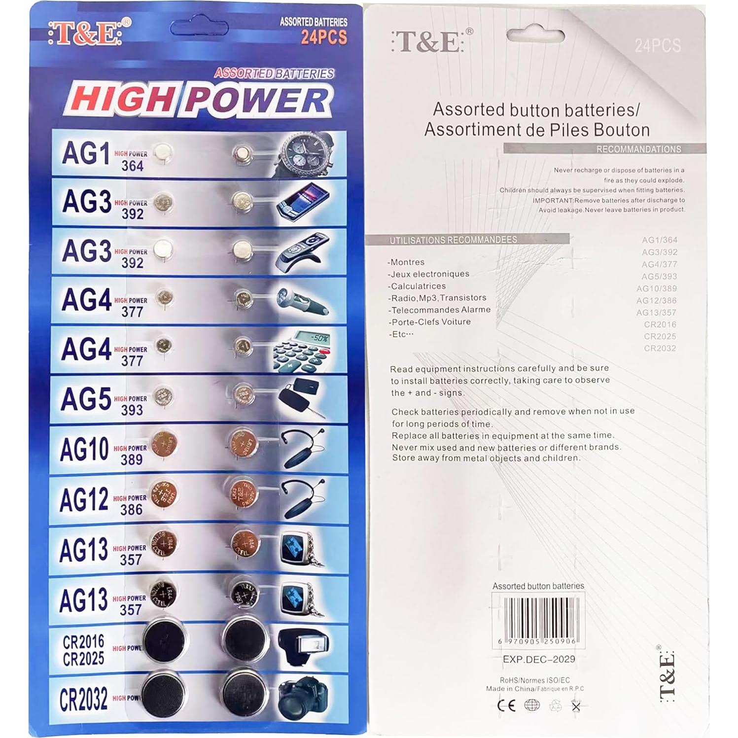 120 Baterías Alcalinas y de Litio AG1 AG3 AG4 AG10 CR2032