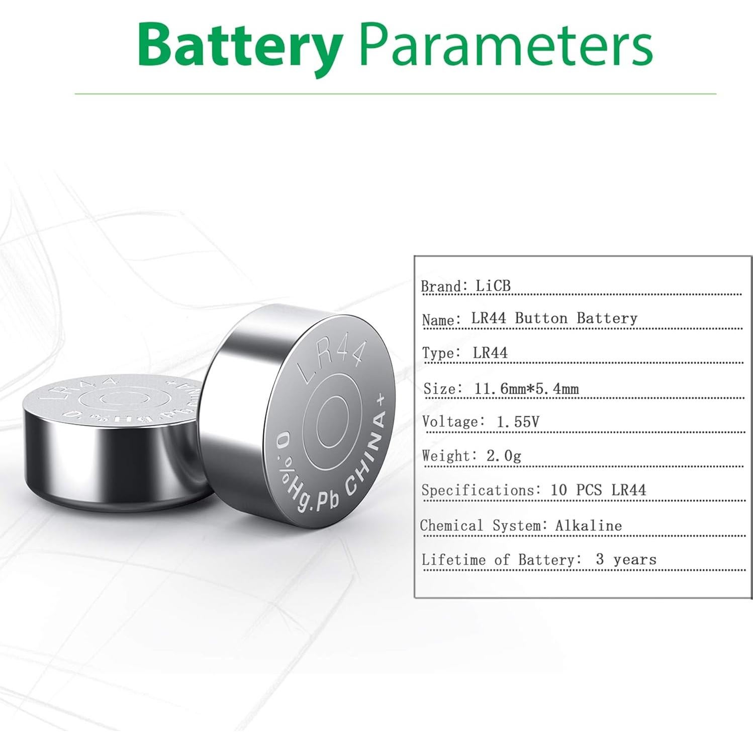 Paquete de 10 Baterías LR44 1.5V LiCB para Relojes y Juguetes