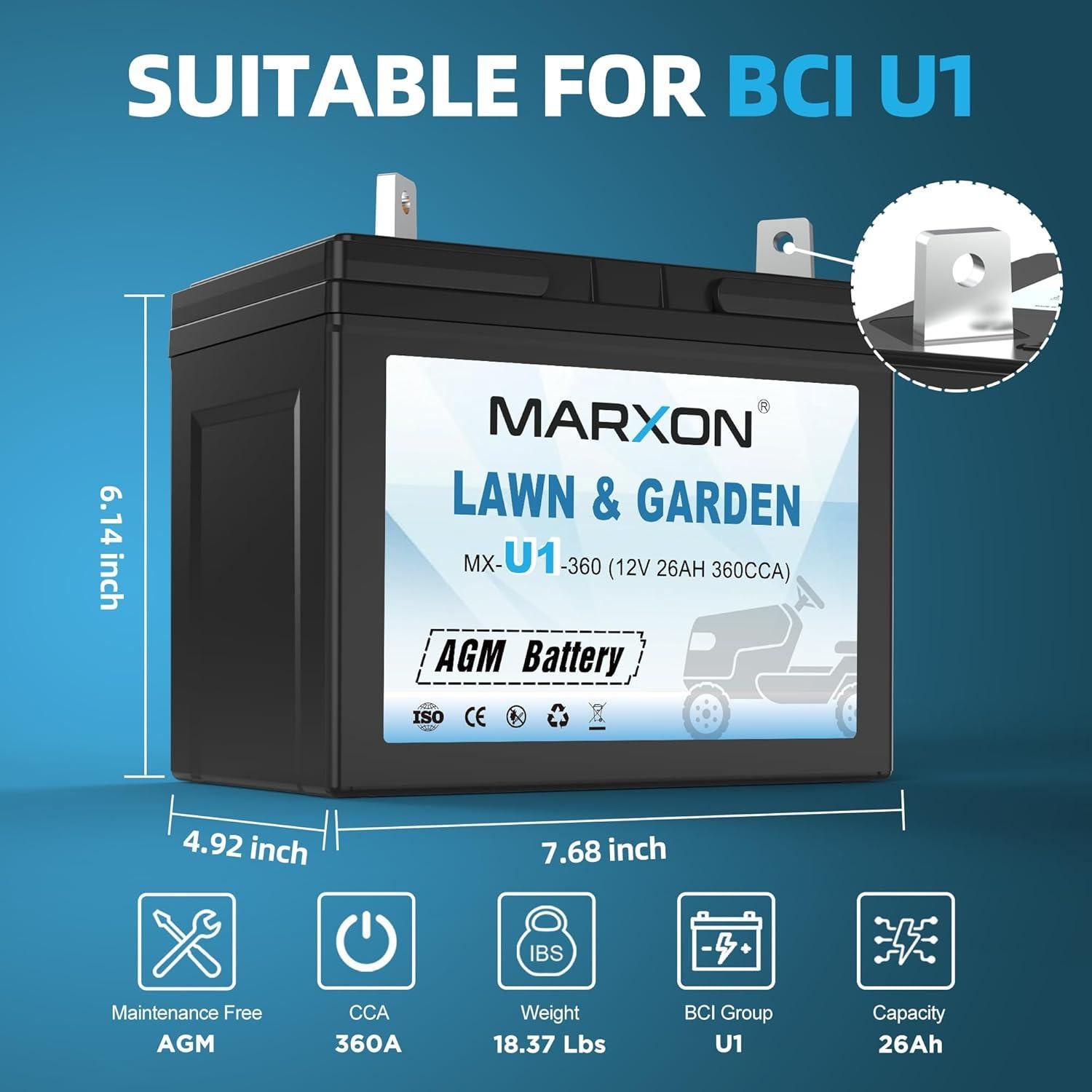 Batería AGM 12V 360CCA MARXON U1 para Cortacésped y Tractores