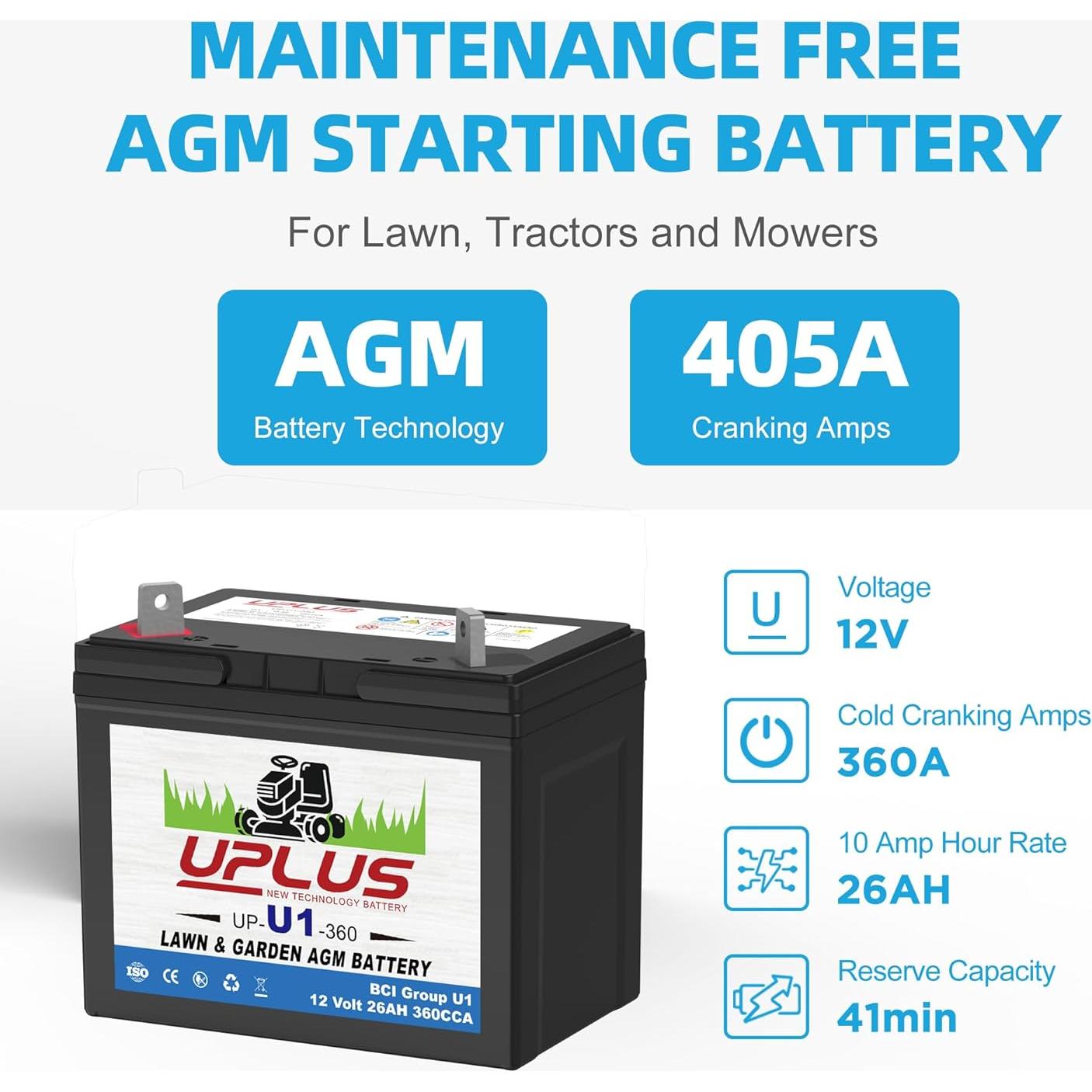 Batería AGM UPLUS U1 12V 360CCA para Cortacésped y Tractores