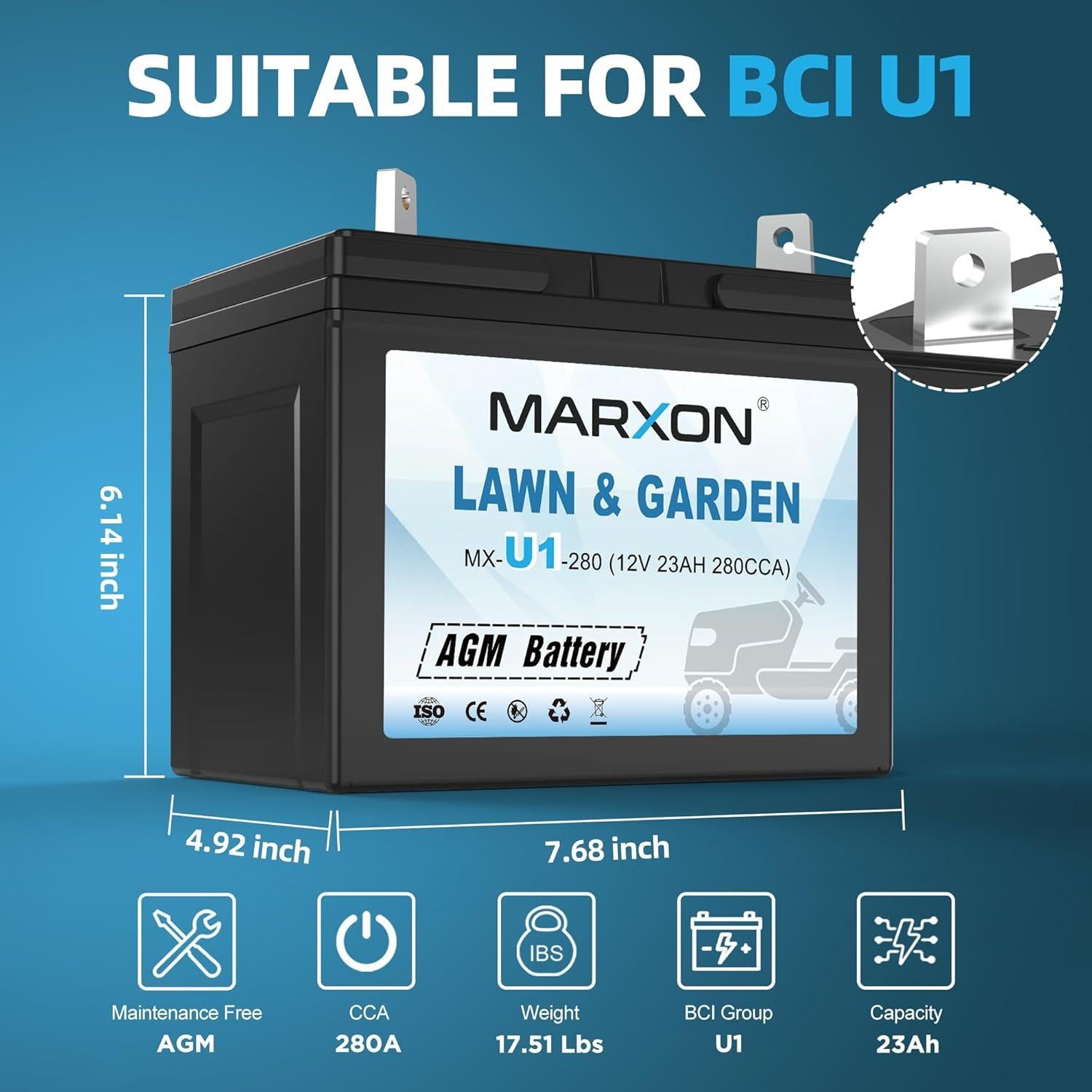 Batería AGM MARXON U1 280CCA para Cortacésped 12V