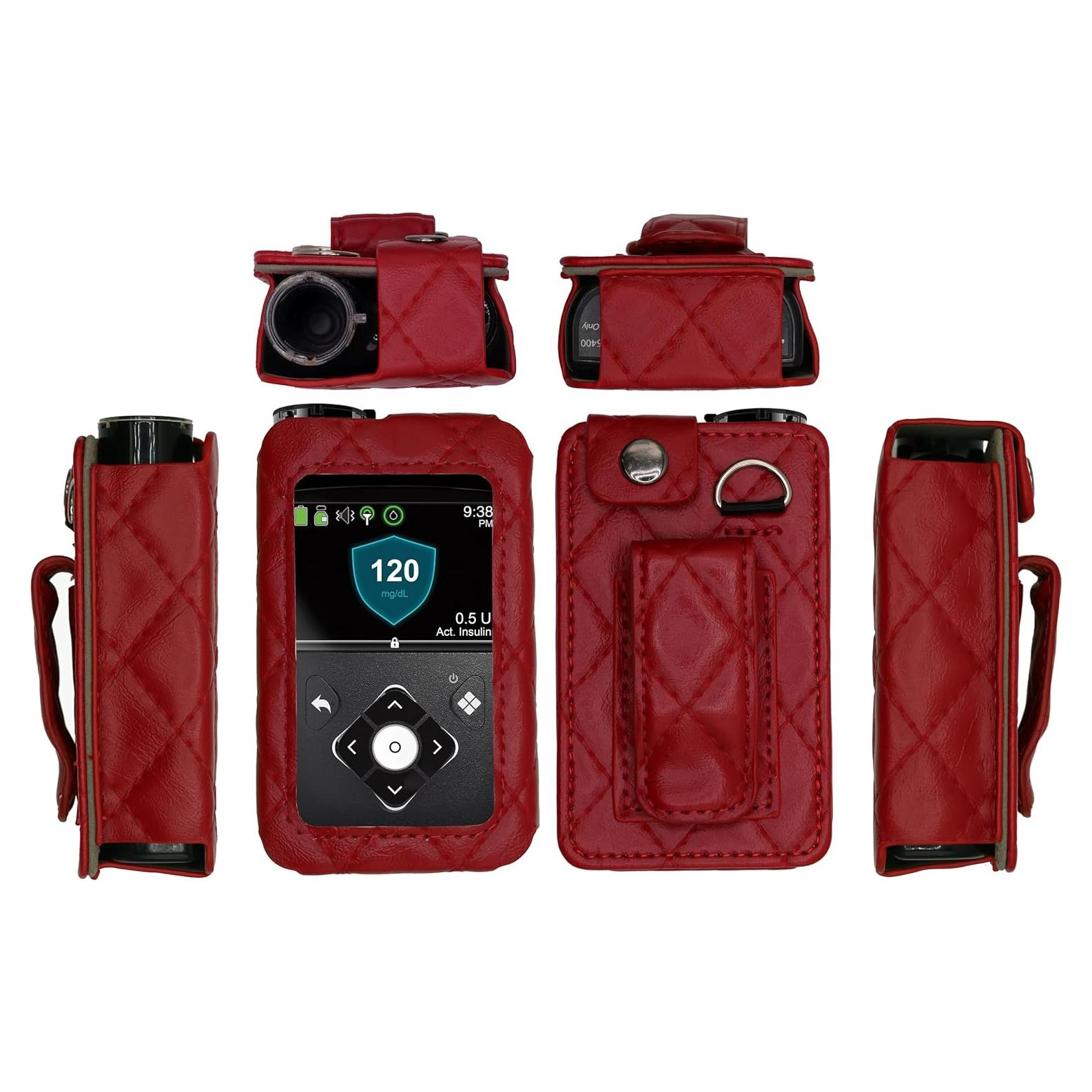 Funda de Cuero Ajustada Medtronic Minimed 630G/640G/650G/670G/770G/780G con Protector y Cordón Rojo