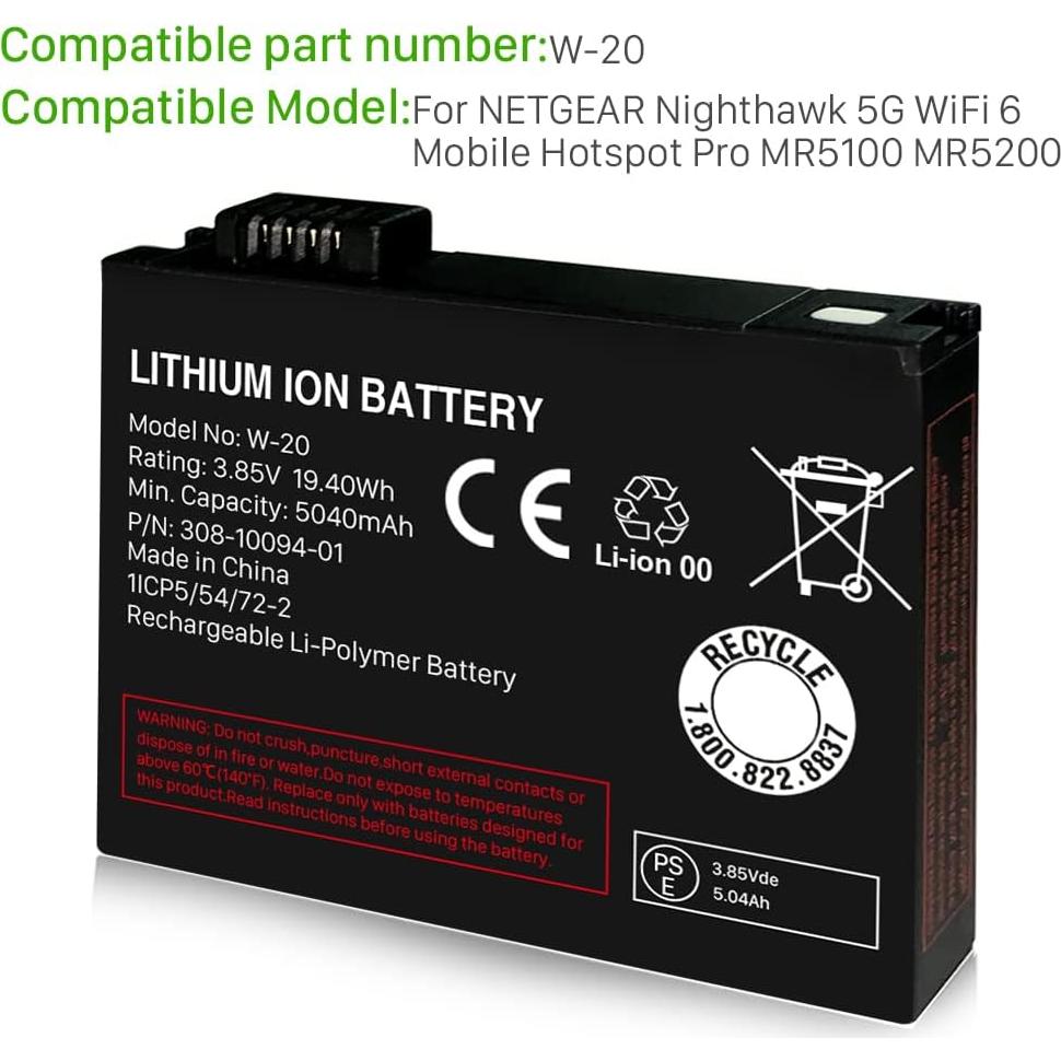 Batería de Reemplazo SHENMZ W-20 5040mAh para NETGEAR Nighthawk 5G