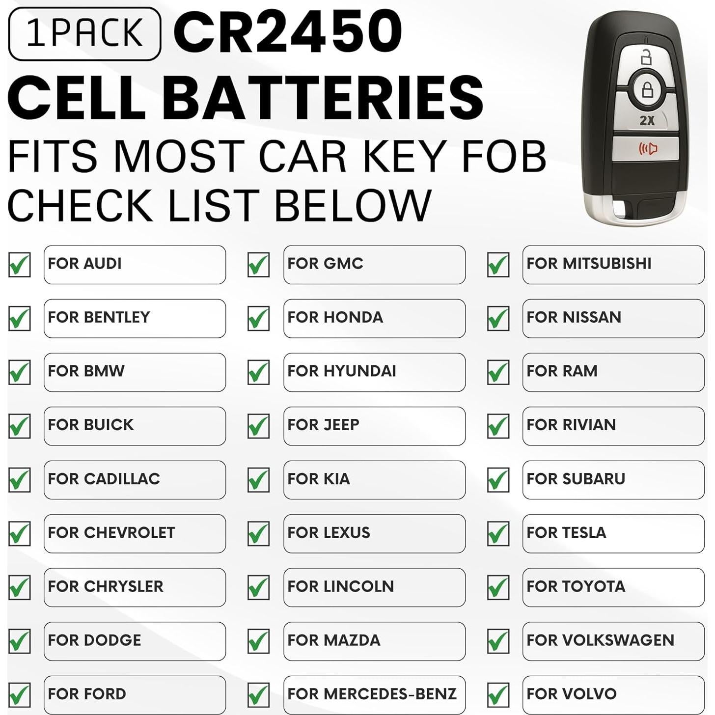 Batería CR2450 para Llave de Auto - Key Battery Outlet - 2 Pzas