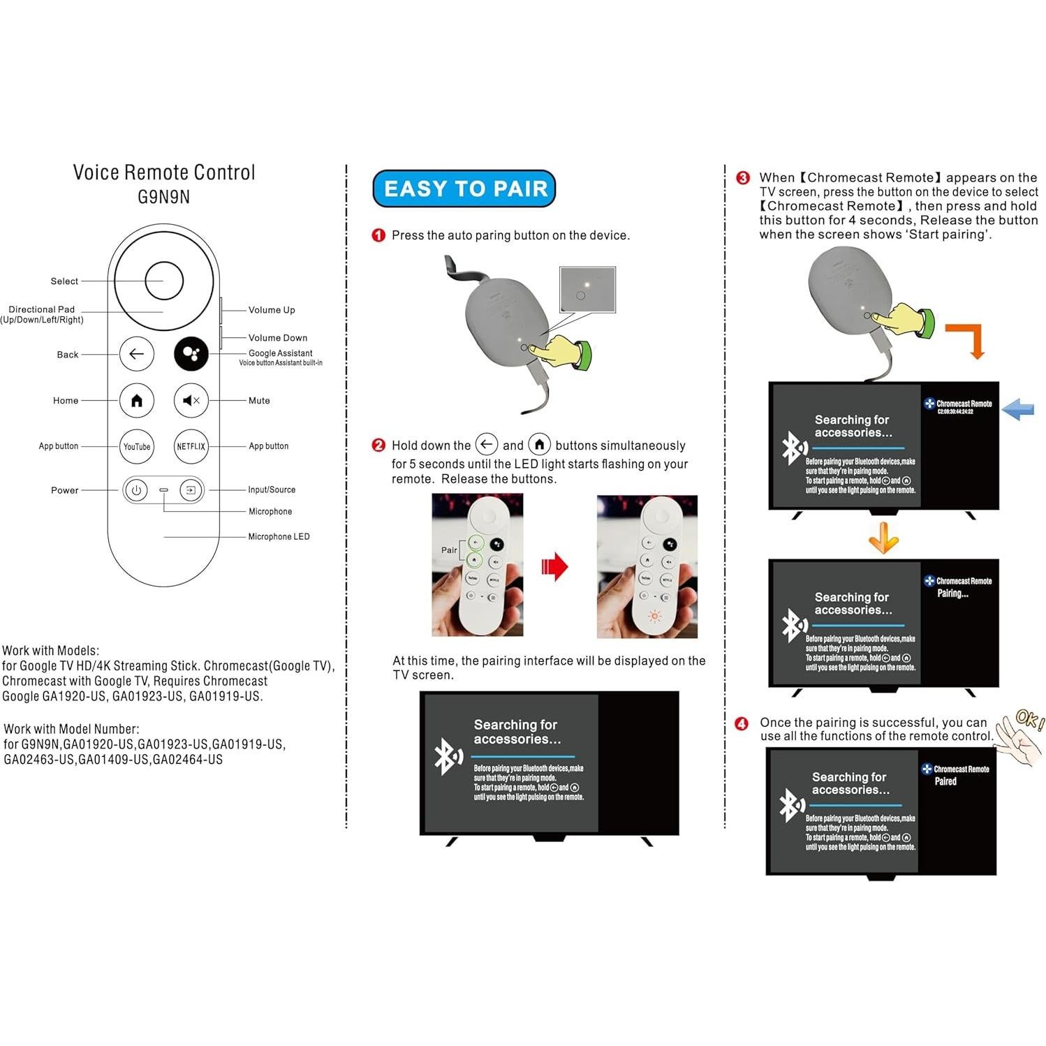 Control Remoto Reemplazo OROSAUR G9N9N para Chromecast 4K HD