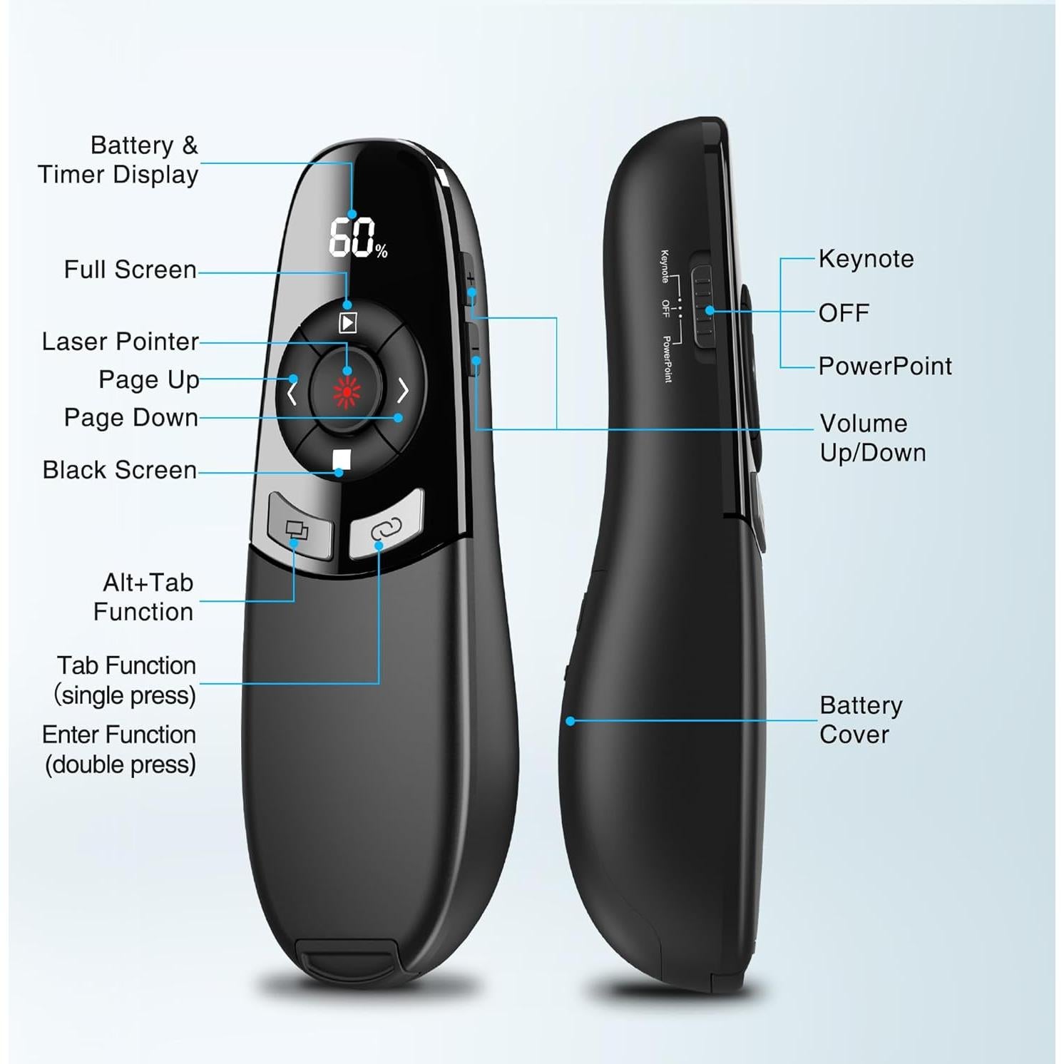 Clicker Inalámbrico para Presentaciones PowerPoint con Puntero Láser Rojo y Temporizador