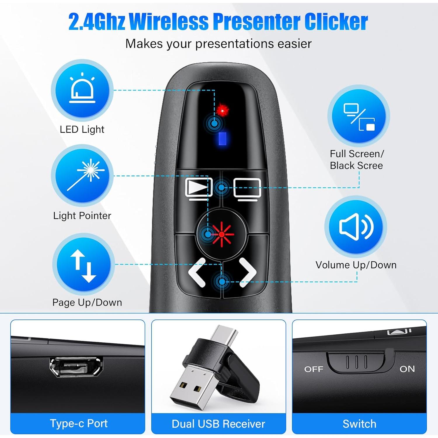 Clicker Inalámbrico Recargable USB-C para Presentaciones