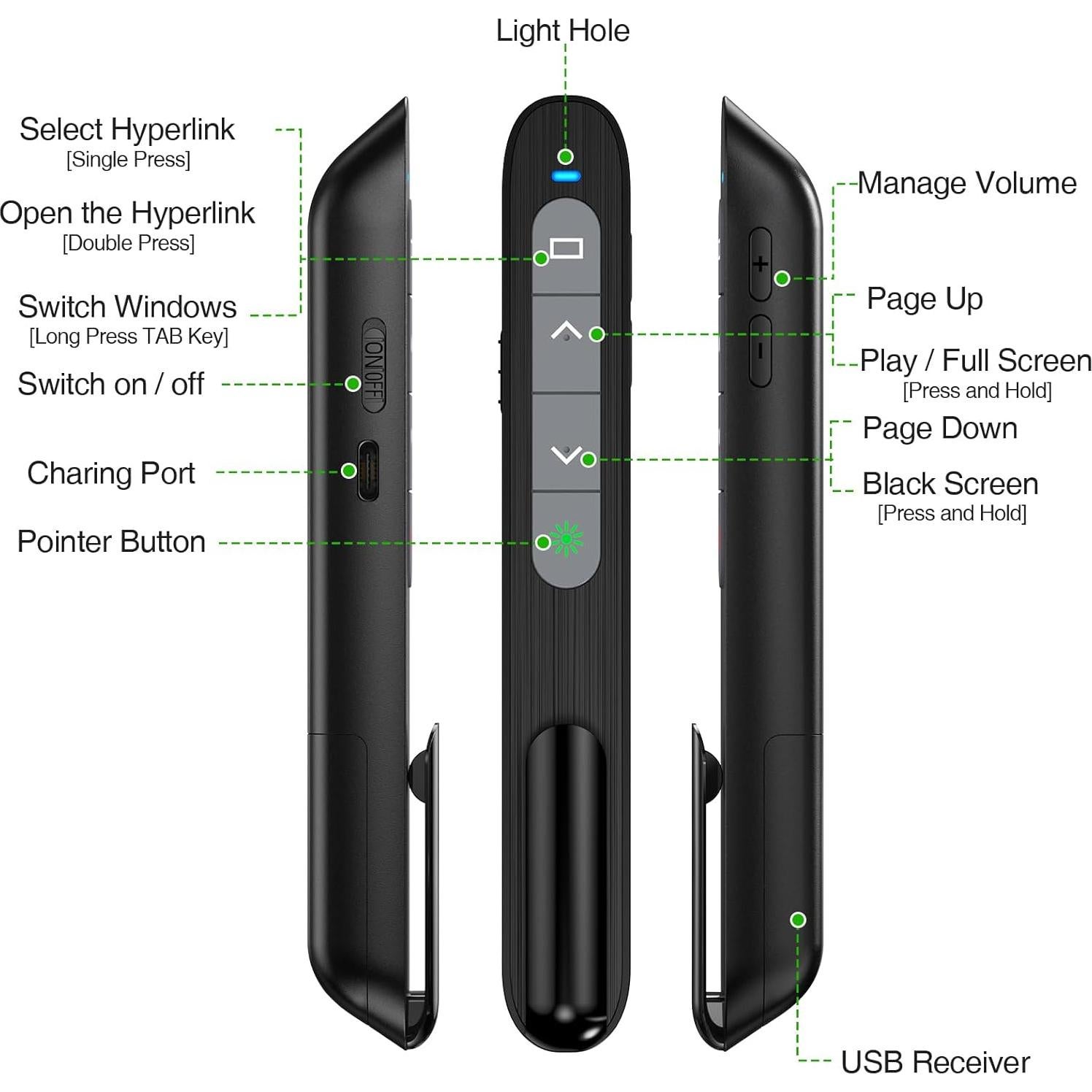 Clicker de Presentación Recargable USB C DinoFire con Luz Verde