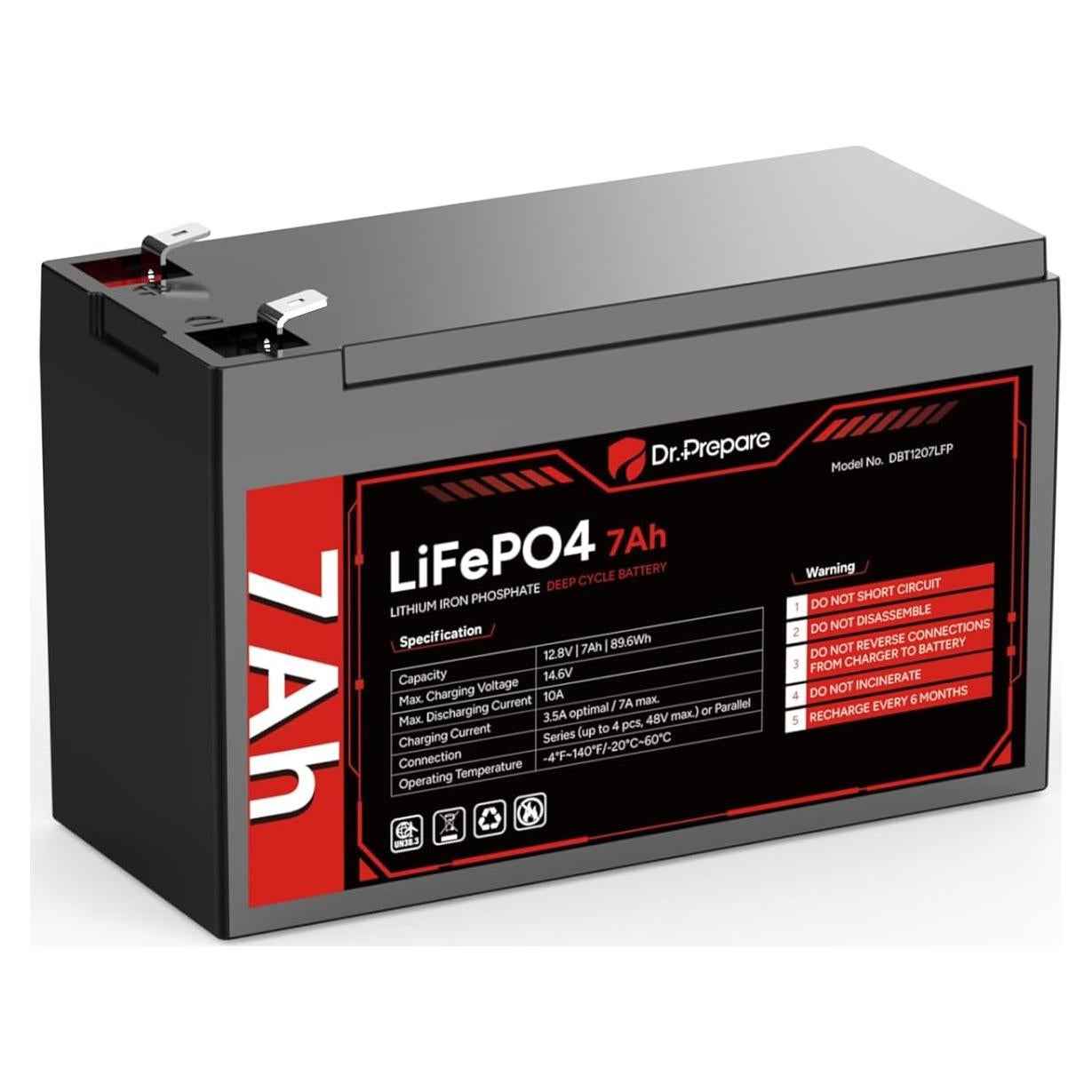 Batería LiFePO4 12V 7Ah DR.PREPARE con BMS y 4000 ciclos
