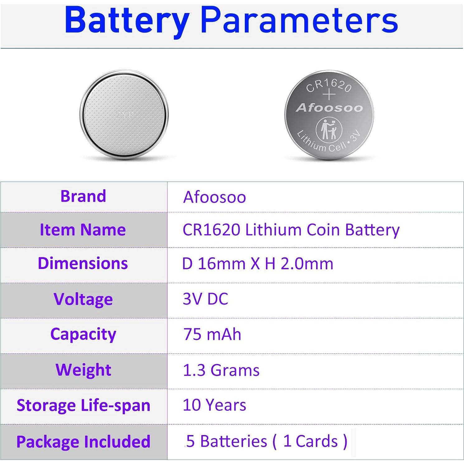 Baterías de Litio CR1620 Afoosoo - Paquete de 5 Unidades 3V