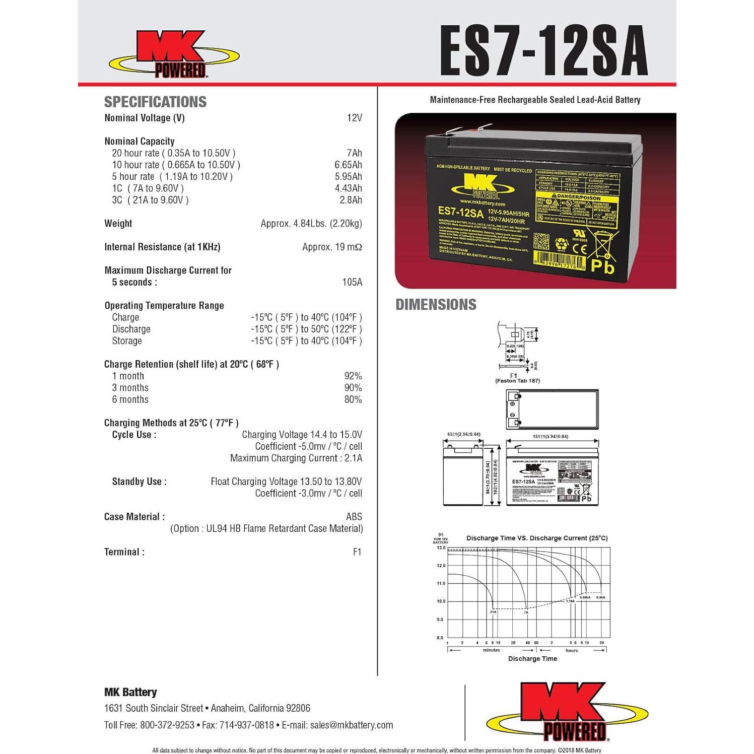 Batería Sellada Plomo-Ácido MK ES7-12SA 12V 7Ah