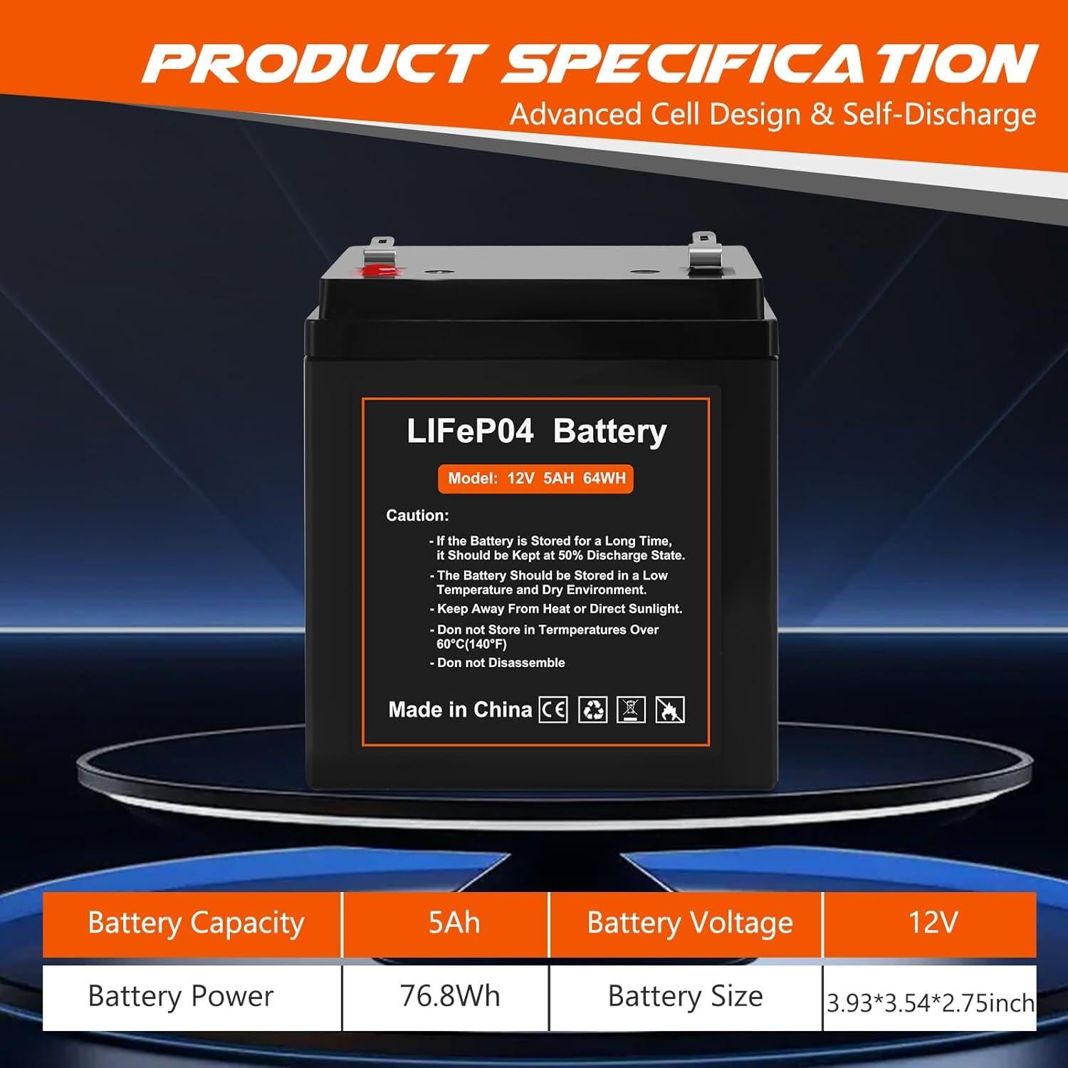 Batería Recargable LiFePO4 12V 5Ah Fitinoch - Paquete de 2