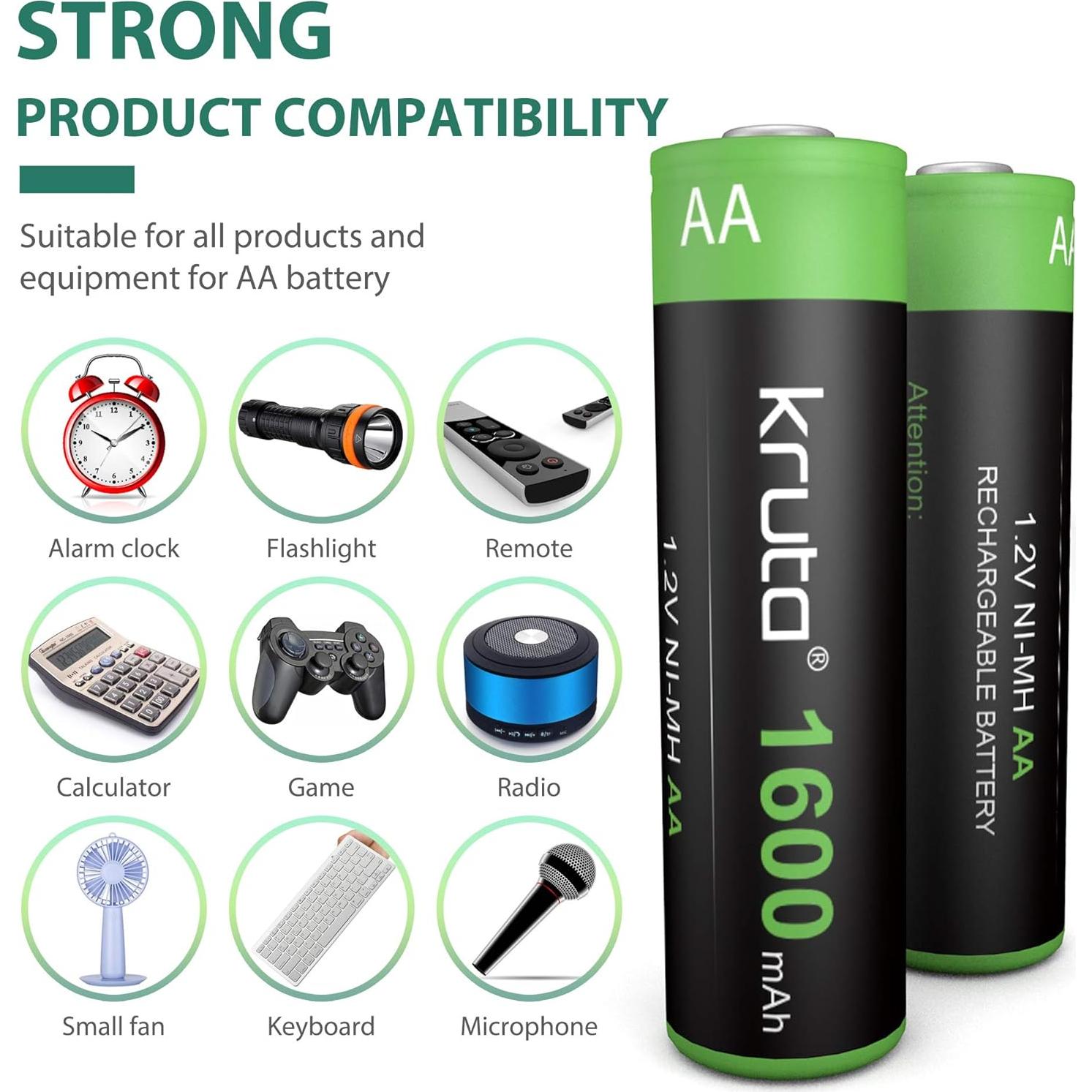 Kruta 20 Baterías Recargables AA 1600mAh NiMH para Dispositivos