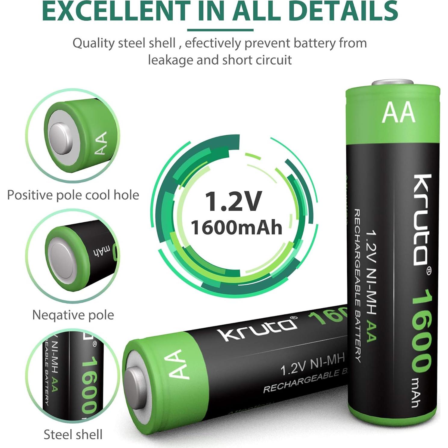 Kruta 20 Baterías Recargables AA 1600mAh NiMH para Dispositivos