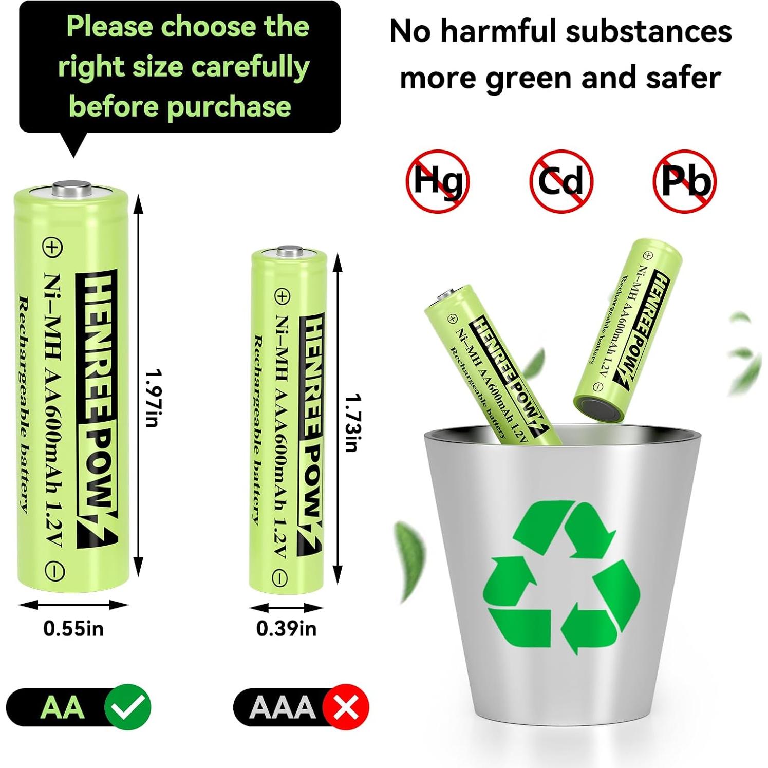 Baterías Recargables AA Henreepow 12 Pcs Ni-MH 1.2V 600mAh