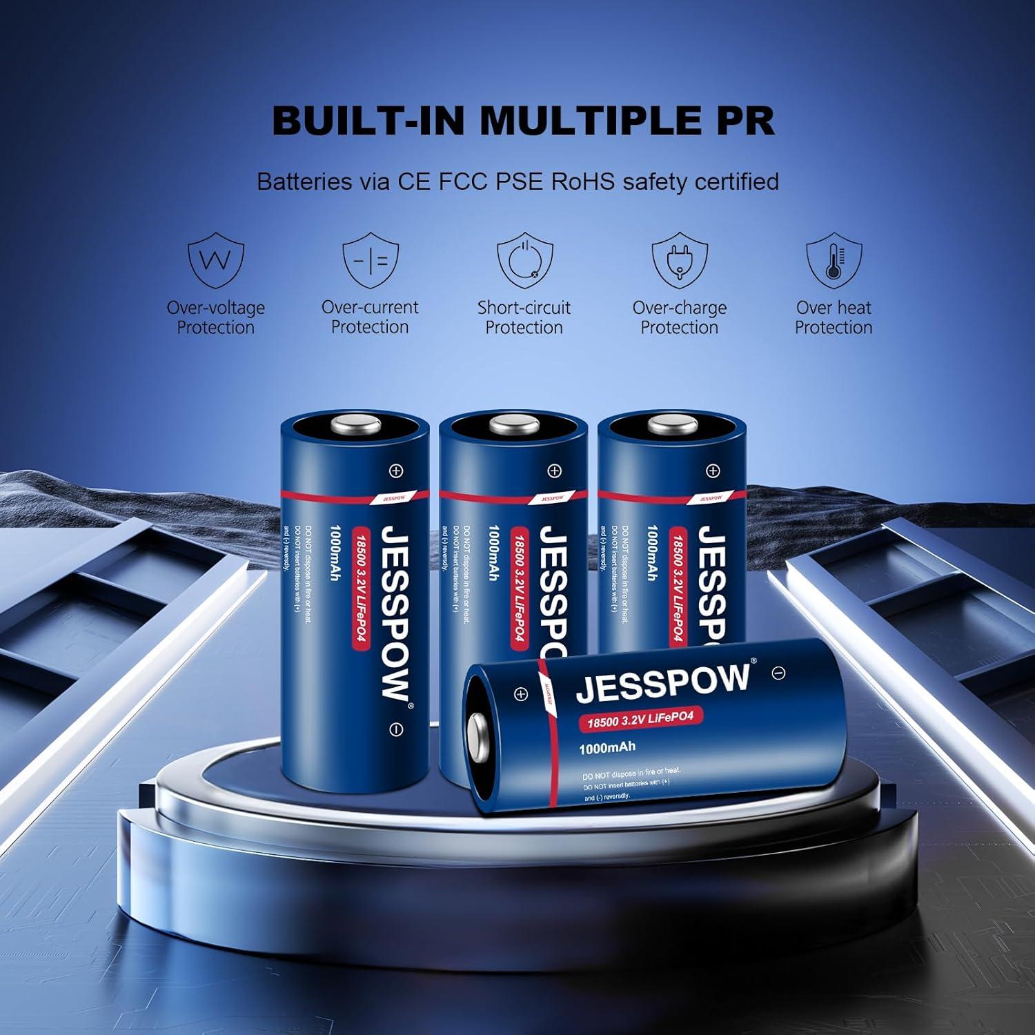 Baterías Recargables JESSPOW 18500 3.2V Litio 1000mAh Paquete de 4