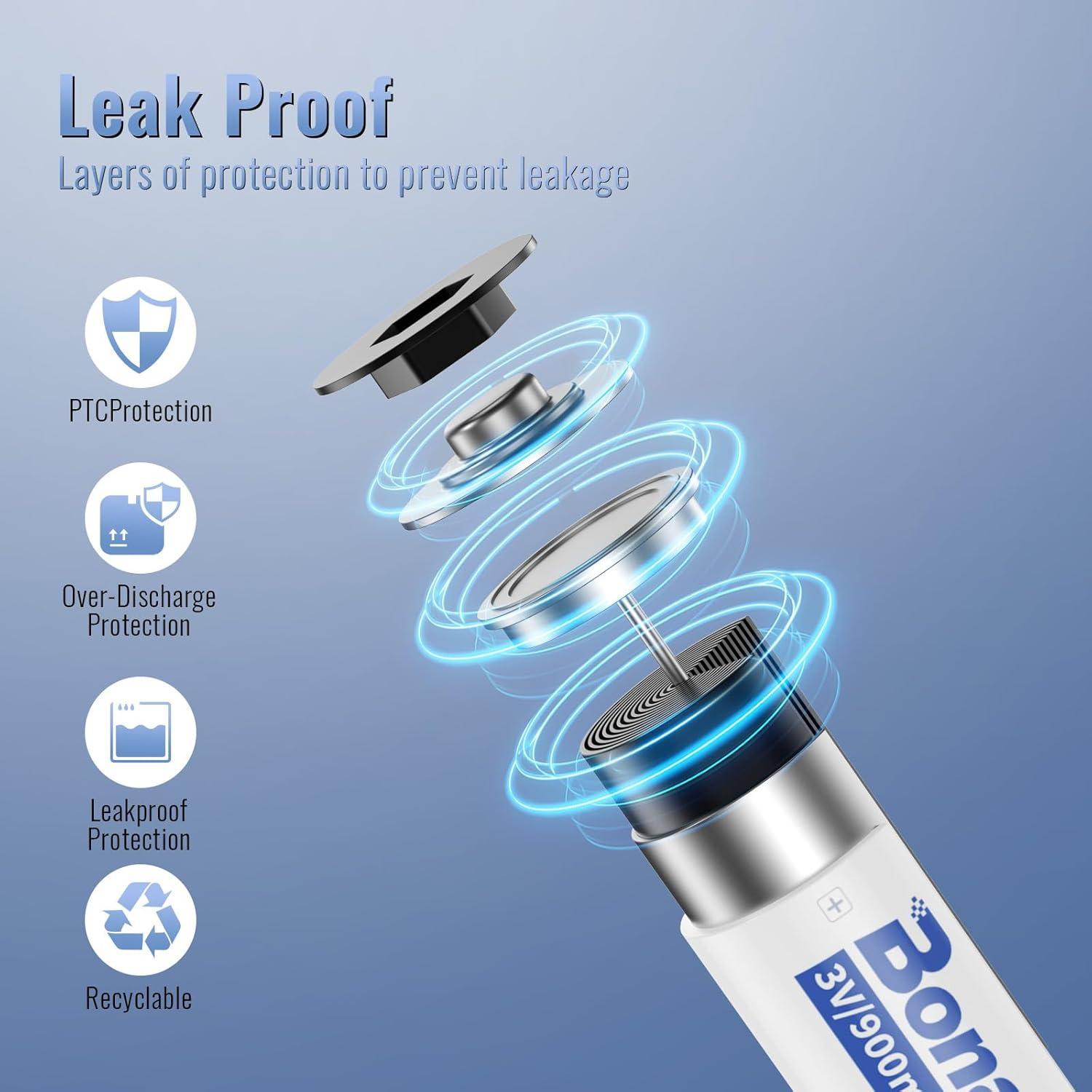 Baterías de Litio BONAI CR2 3V Paquete de 8, 900mAh