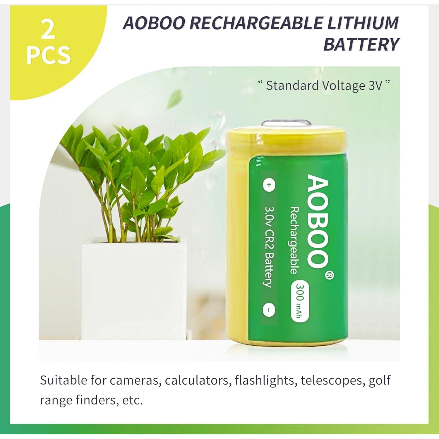Batería Recargable CR2 AOBOO 300 mAh 3V - Paquete de 2 Pcs