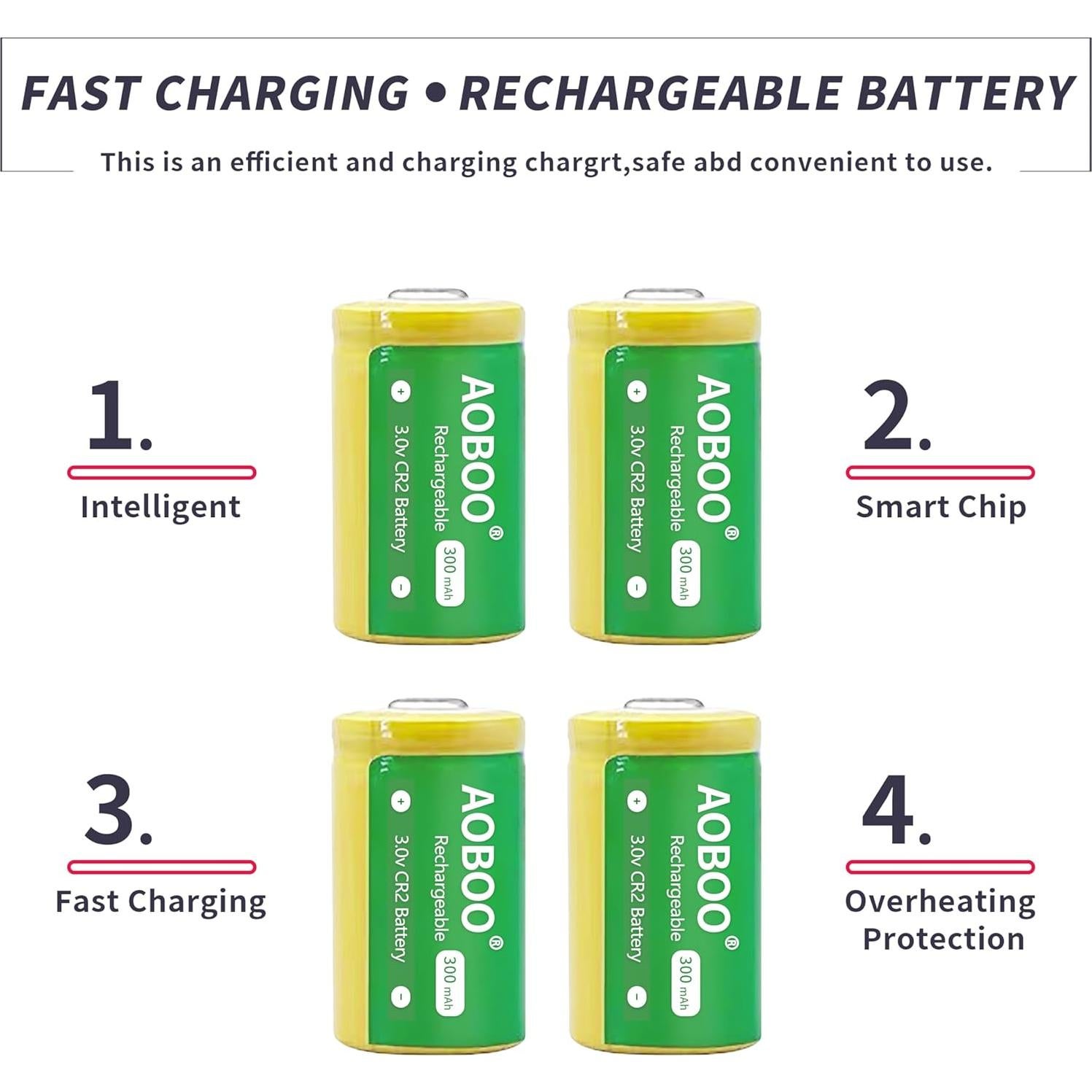 Batería Recargable CR2 AOBOO 300 mAh 3V - Paquete de 2 Pcs