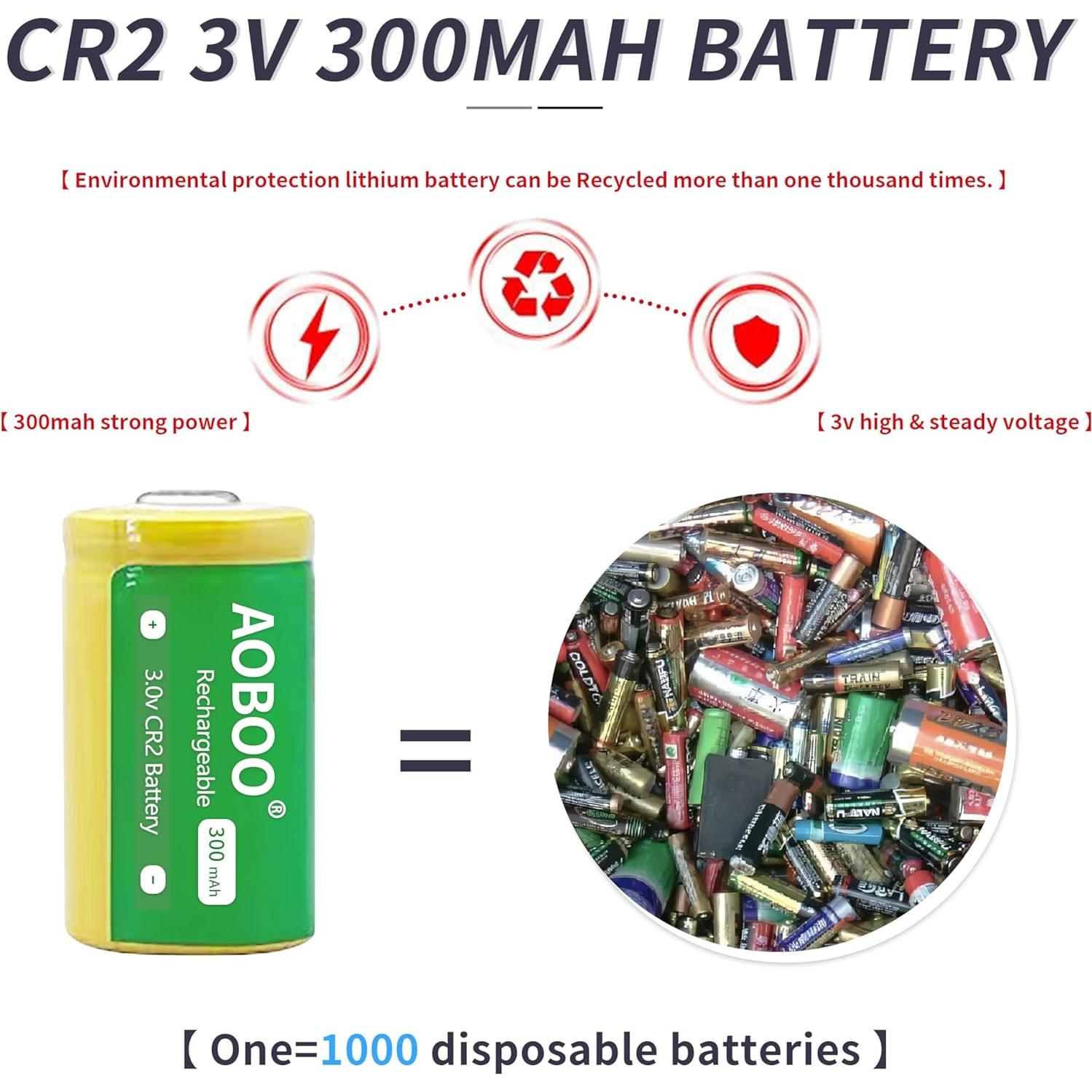Batería Recargable CR2 AOBOO 300 mAh 3V - Paquete de 2 Pcs