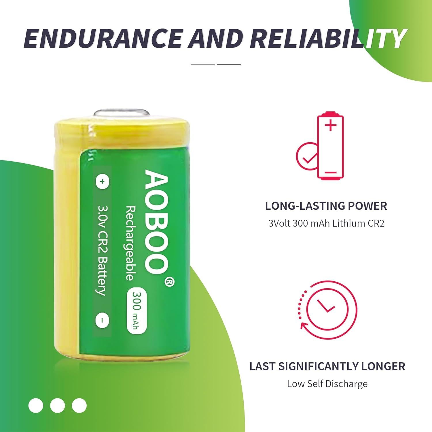 Batería Recargable CR2 AOBOO 300 mAh 3V - Paquete de 2 Pcs
