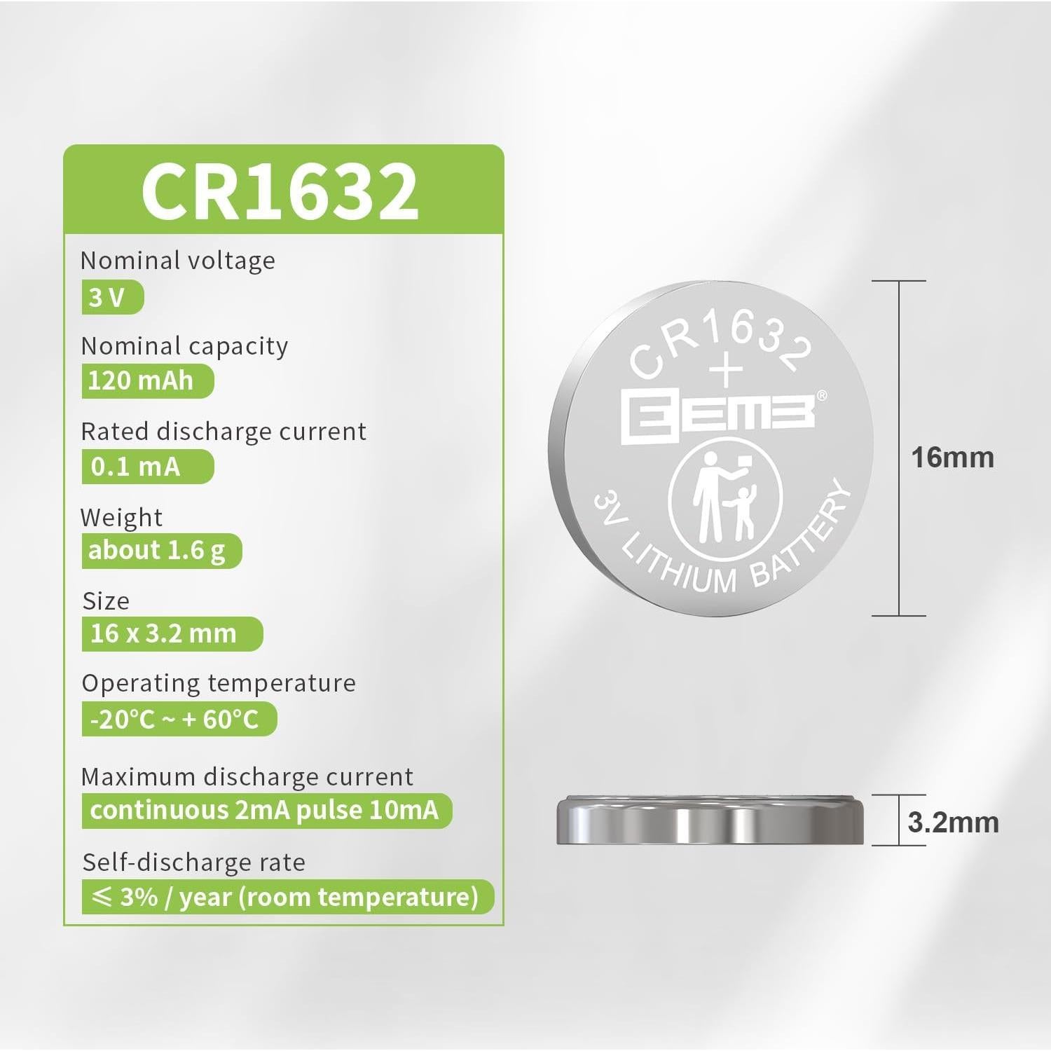 Paquete de 10 Baterías de Litio EEMB CR1632 3V 120mAh