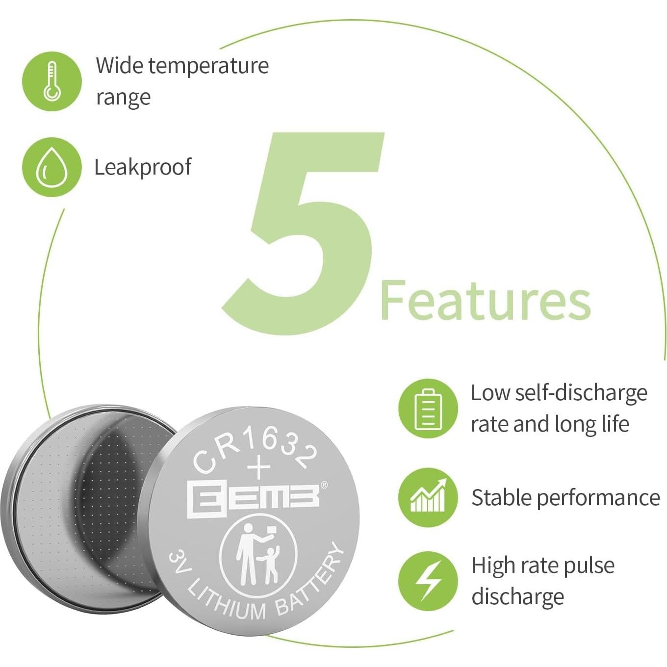 Paquete de 10 Baterías de Litio EEMB CR1632 3V 120mAh