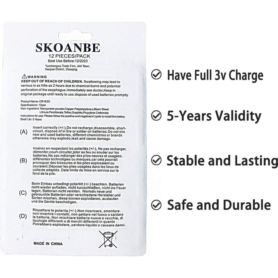 Paquete de 12 Baterías de Litio CR1620 3V SKOANBE