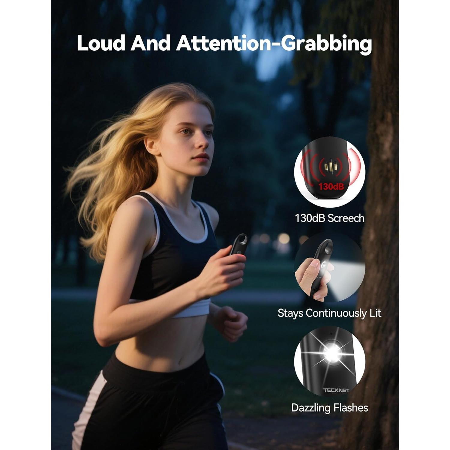 Alarma Personal TECKNET 130dB Recargable con Luz Estroboscópica