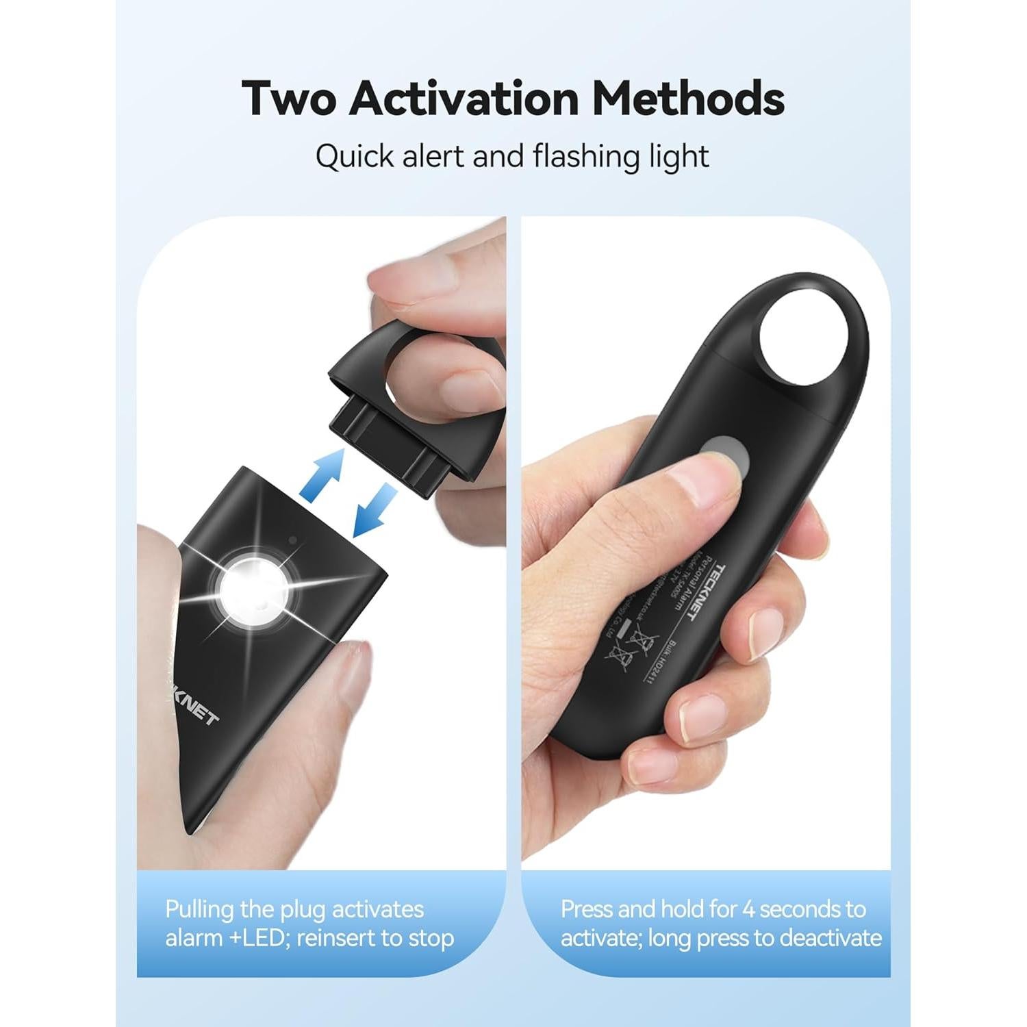 Alarma Personal TECKNET 130dB Recargable con Luz Estroboscópica