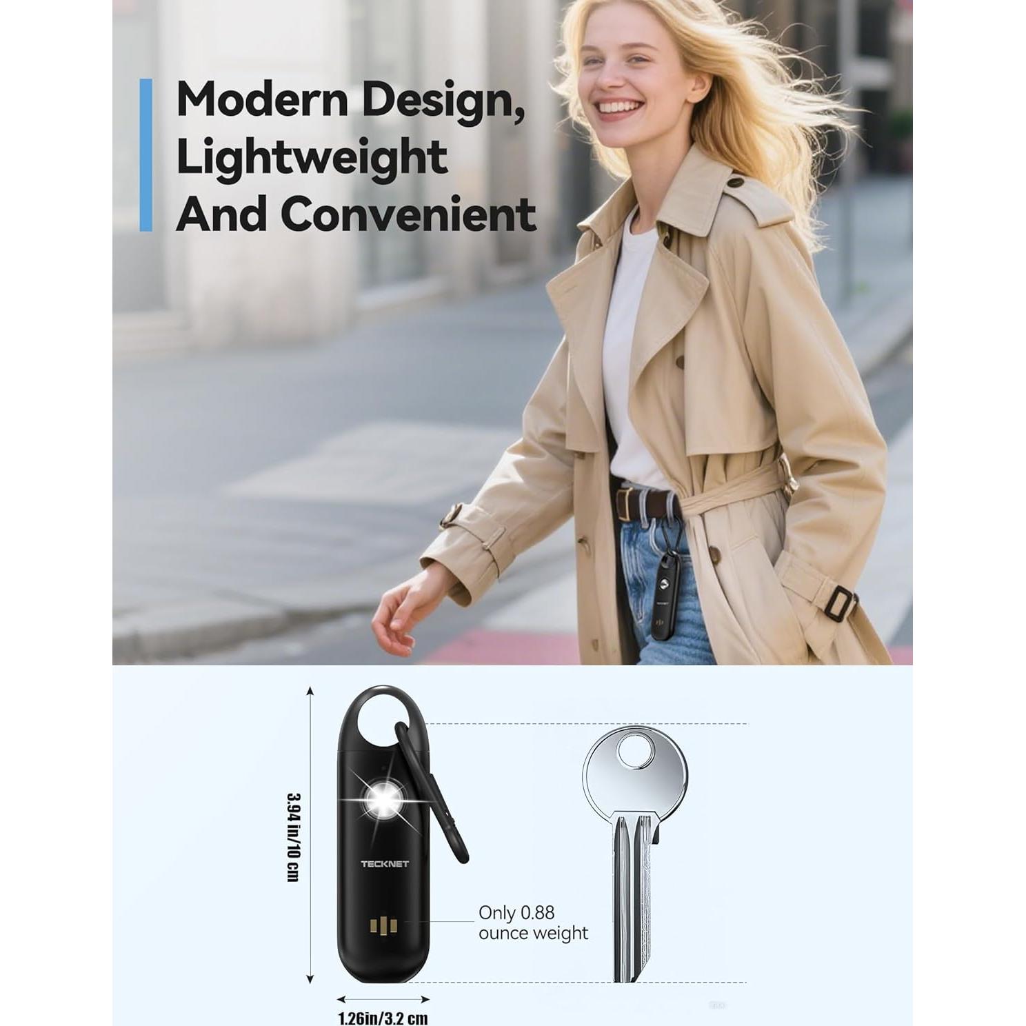 Alarma Personal TECKNET 130dB Recargable con Luz Estroboscópica