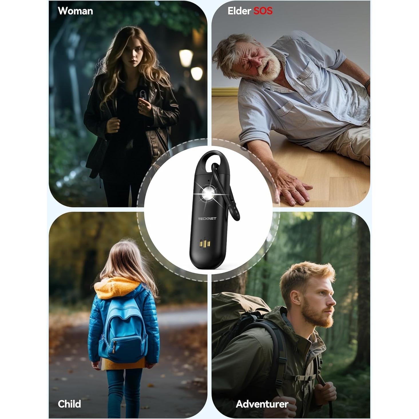 Alarma Personal TECKNET 130dB Recargable con Luz Estroboscópica