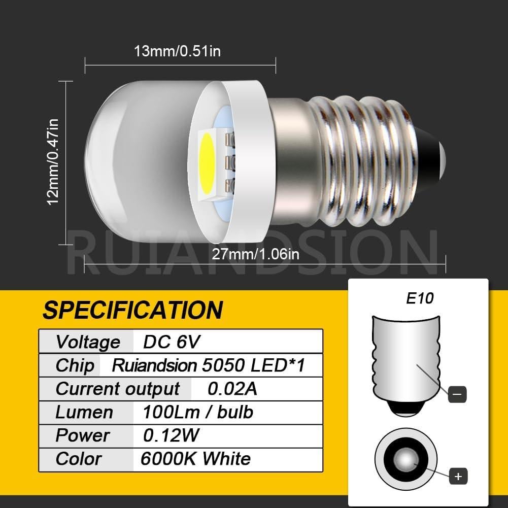 Bombilla LED E10 6V 0.12W Blanca 6000K Ruiandsion - 4 Pcs