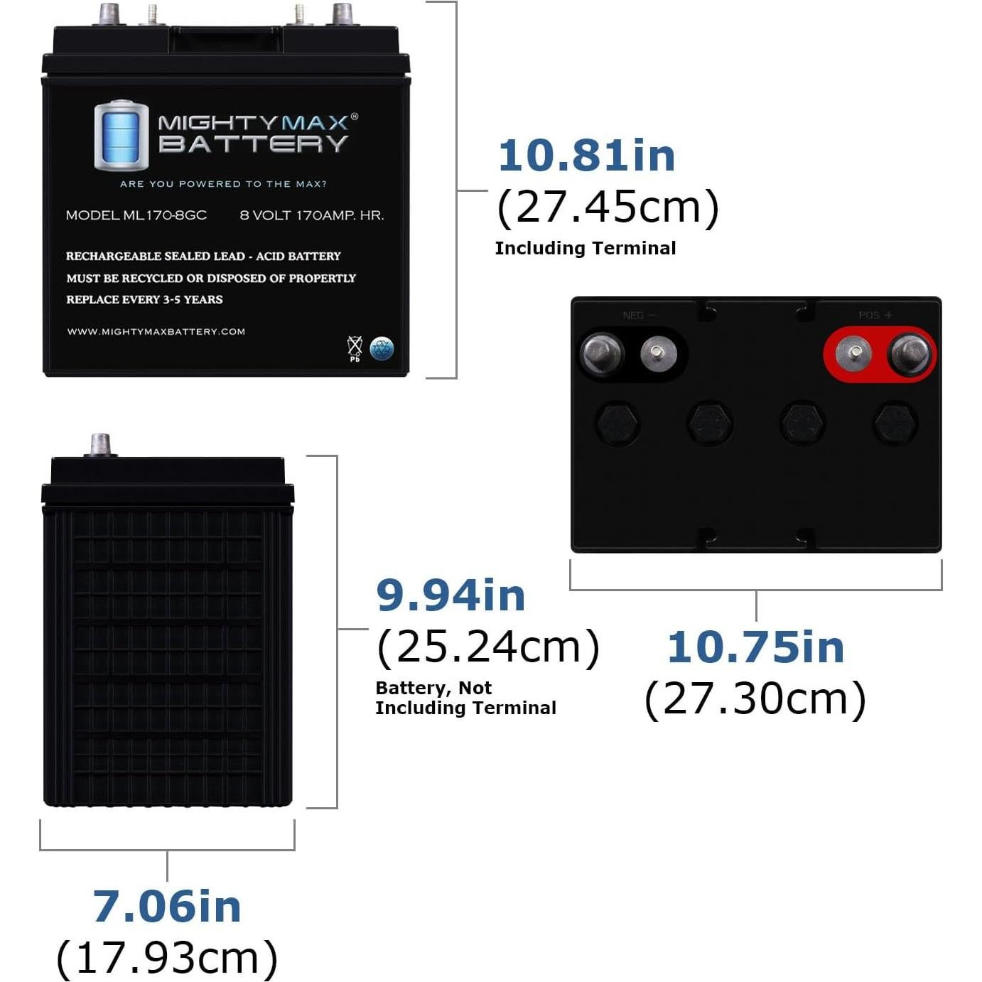 Batería Mighty Max 8V 170Ah AGM Terminal Doble para Carritos de Golf