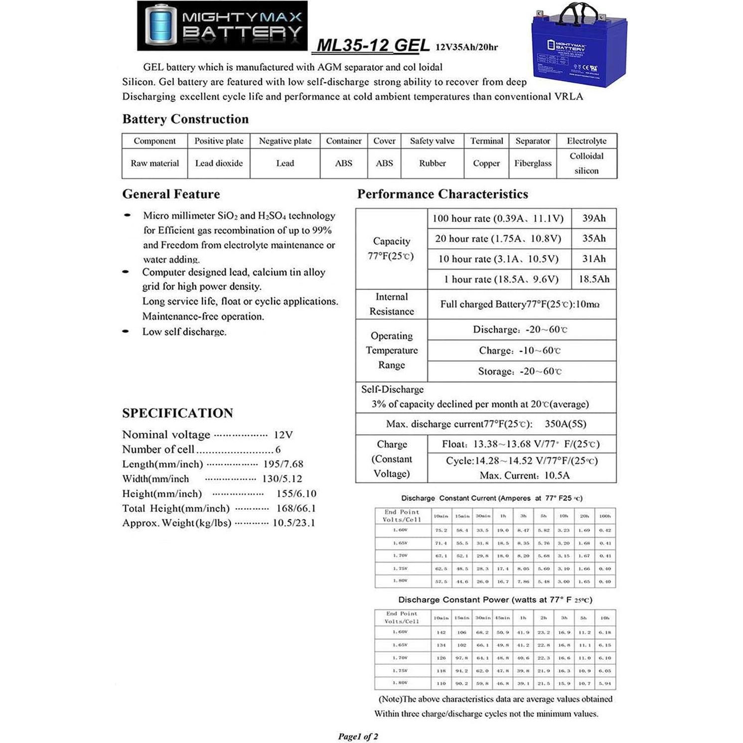 Batería Gel 12V 35AH Mighty Max ML35-12GEL para Carro de Golf