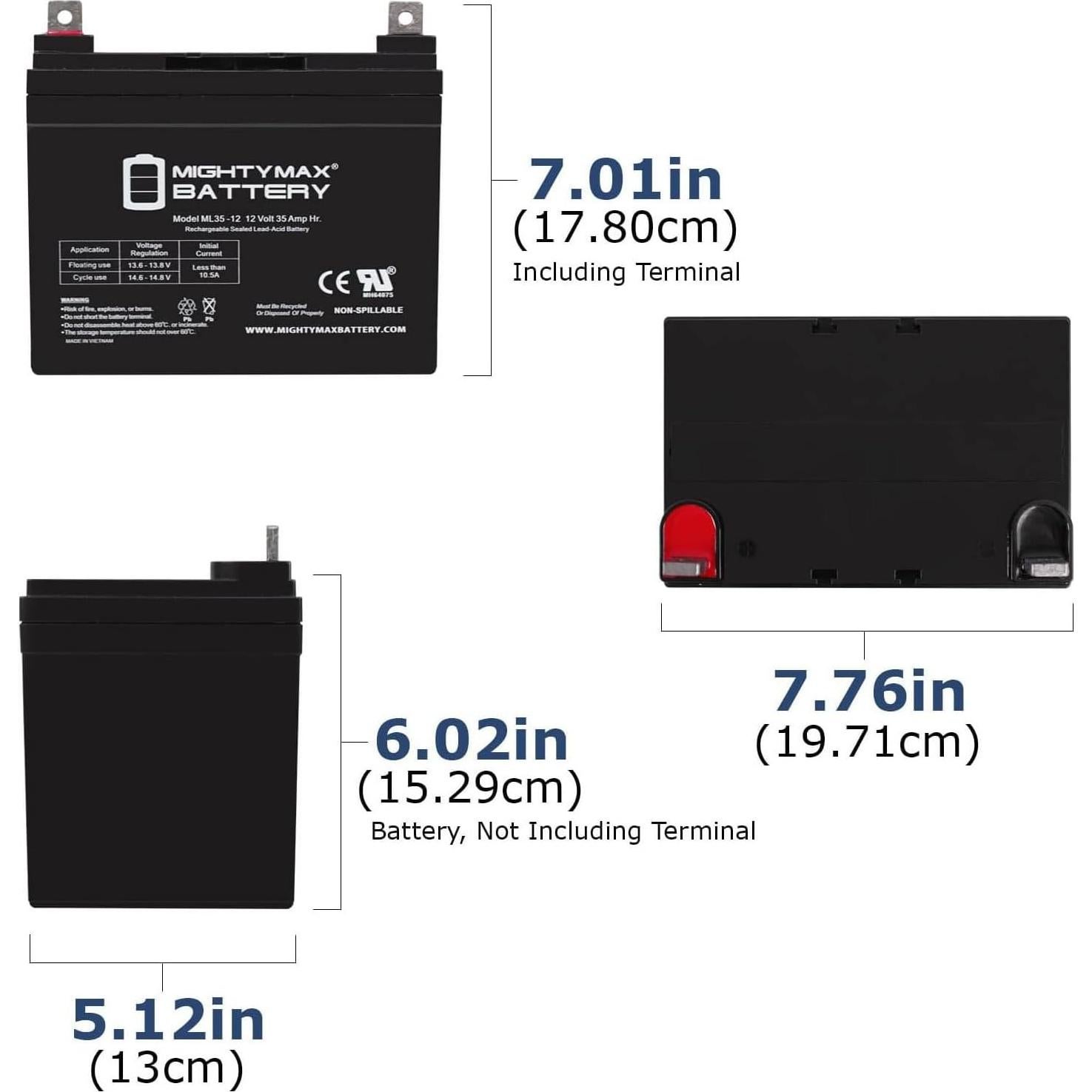 Batería Recargable Mighty Max 12V 35Ah para Carro de Golf - Paquete de 2