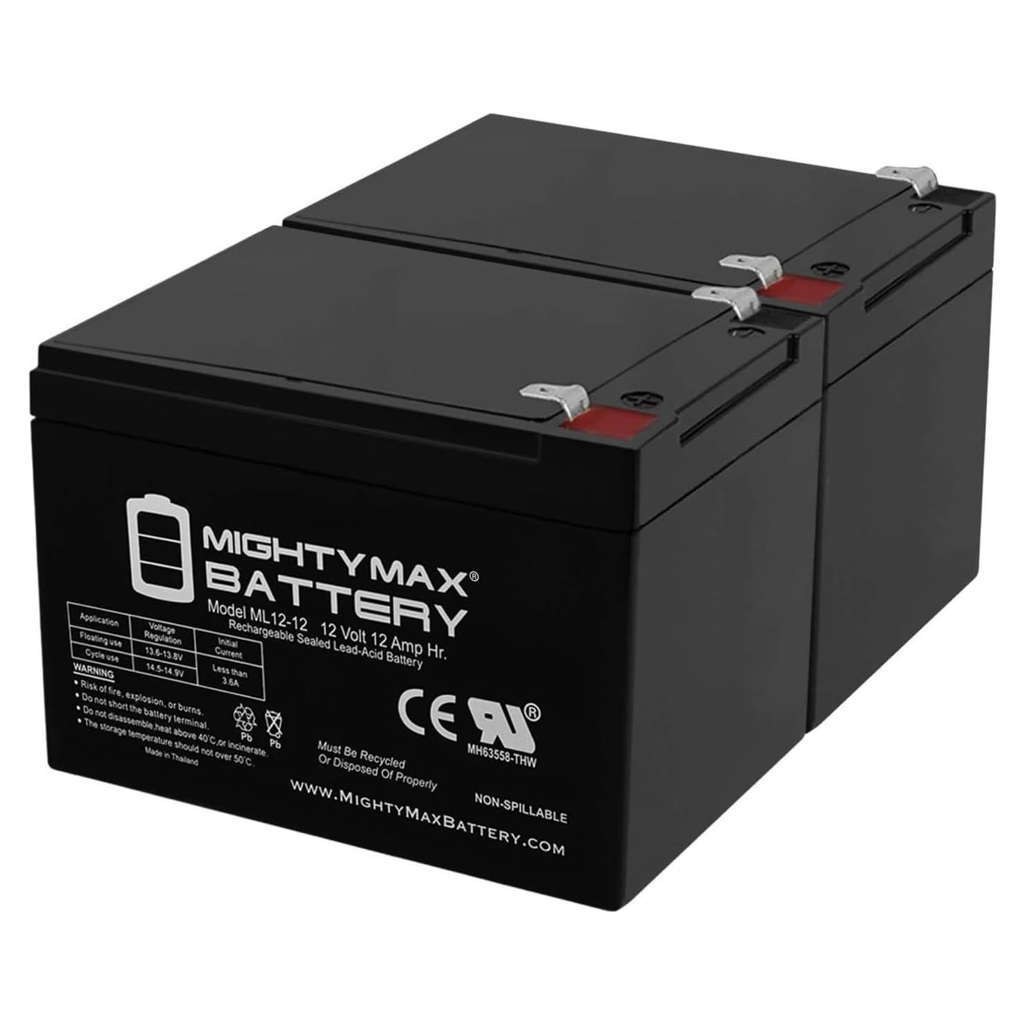 Batería recargable 12V 12AH Mighty Max para Pride Mobility - Paquete de 2