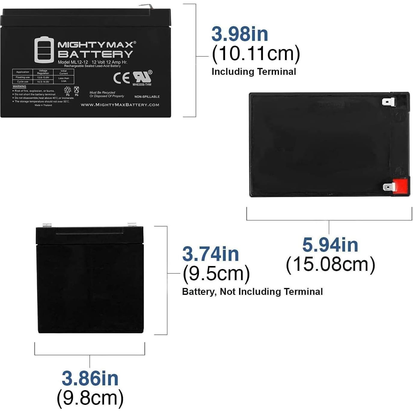 Batería recargable 12V 12AH Mighty Max para Pride Mobility - Paquete de 2