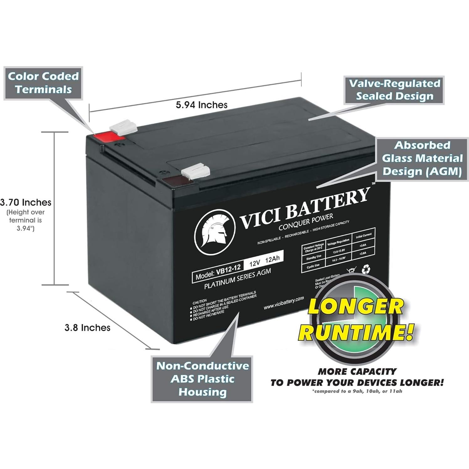 Batería VICI 12V 12AH para scooter GoGo Pride - Paquete de 2