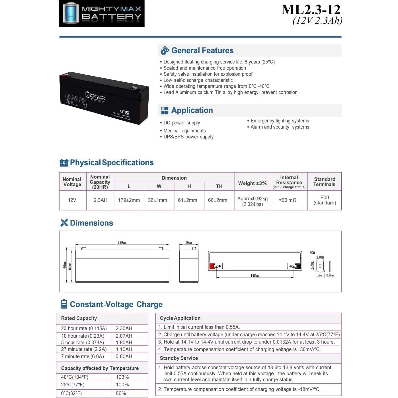 Batería recargable 12V 2.3AH Mighty Max para monitor Datascope
