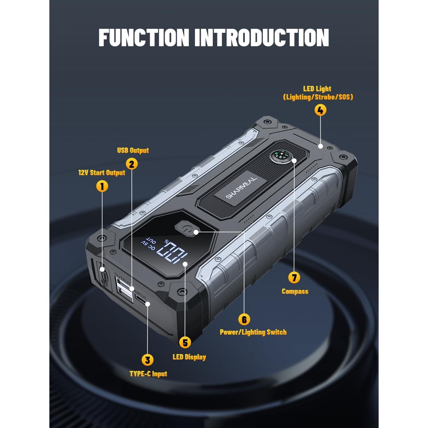 Arrancador de Coche Sharmeal 5000A 12V con Luz LED y USB