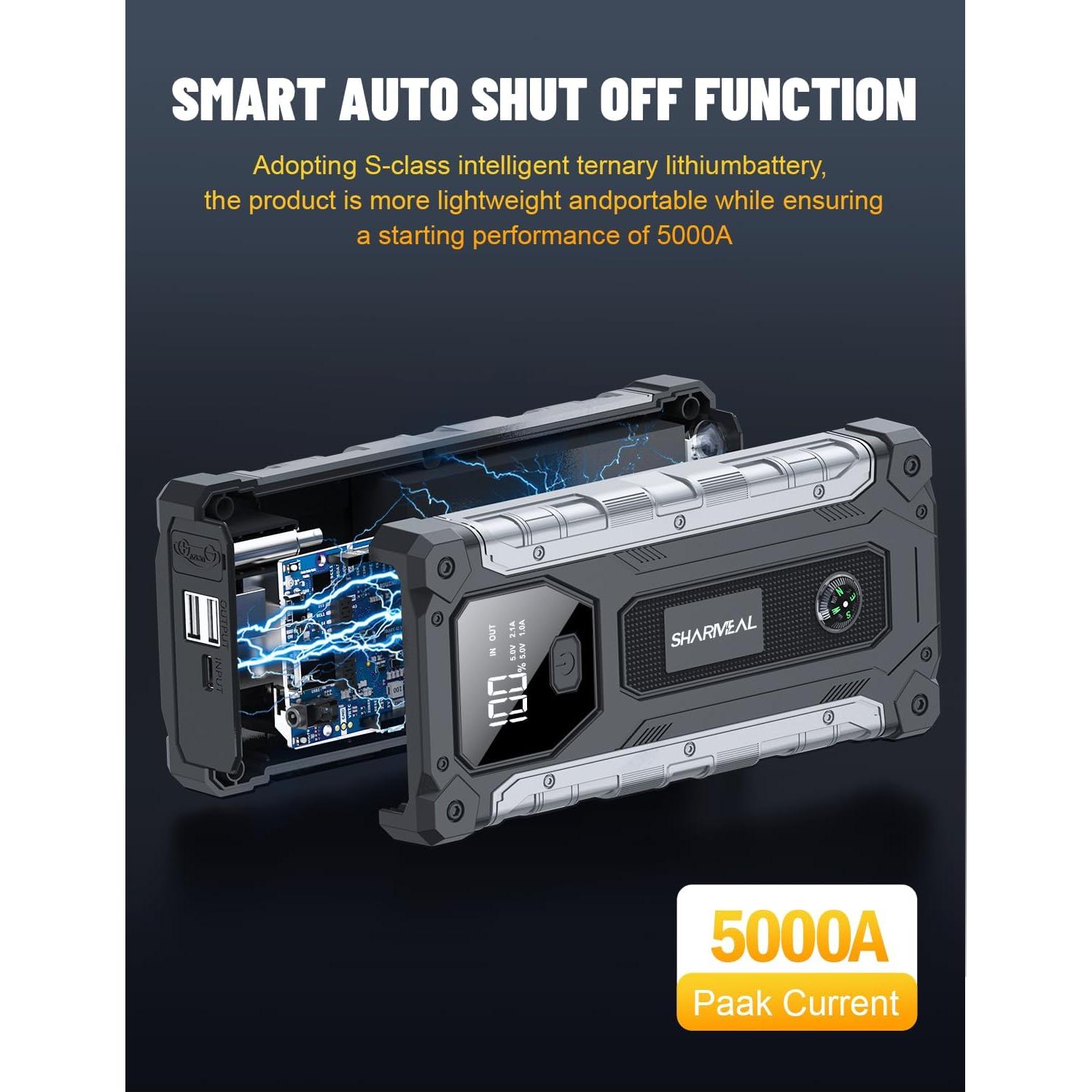 Arrancador de Coche Sharmeal 5000A 12V con Luz LED y USB