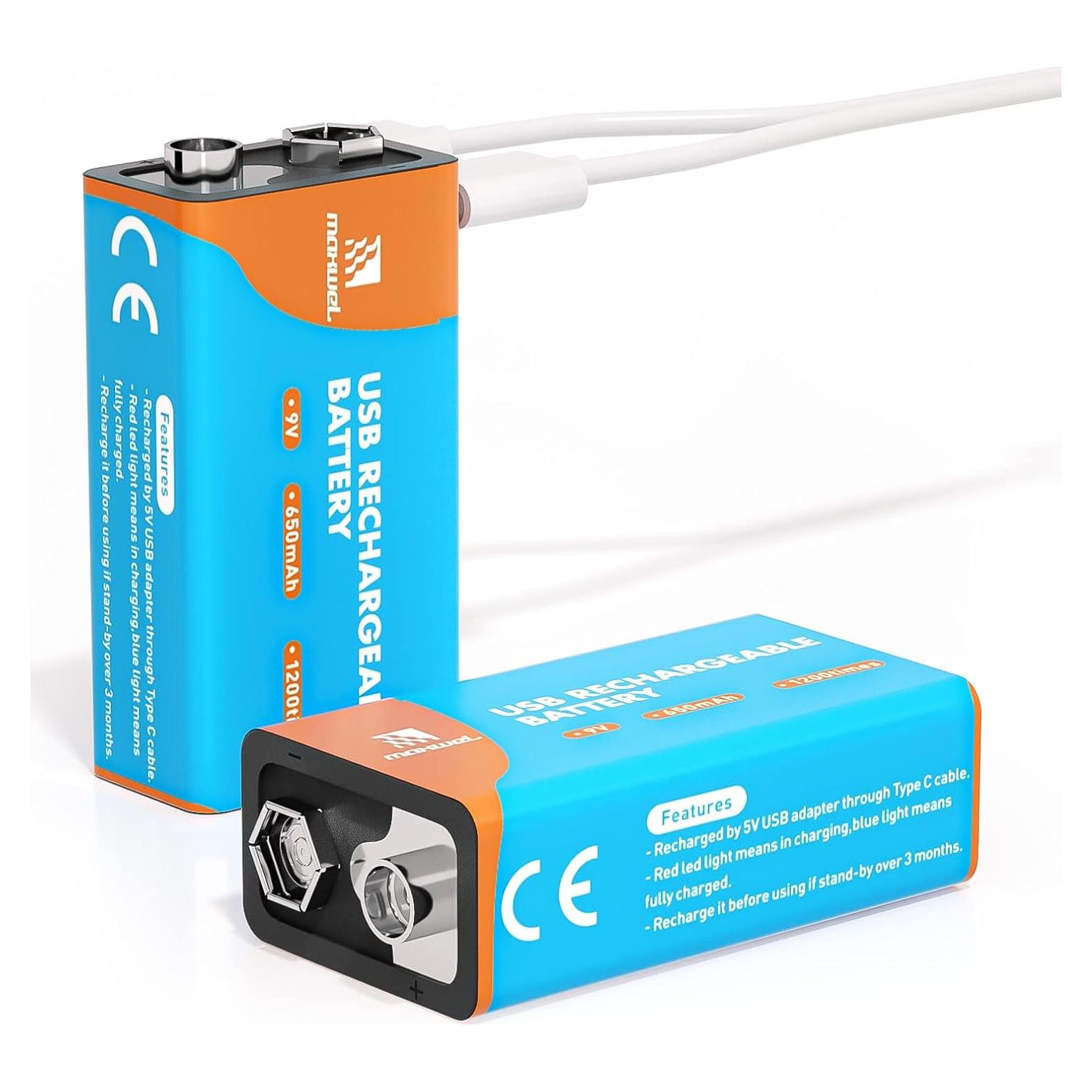 Batería Recargable 9V Maxwel 650mAh con Cable USB-C (Paquete de 2)