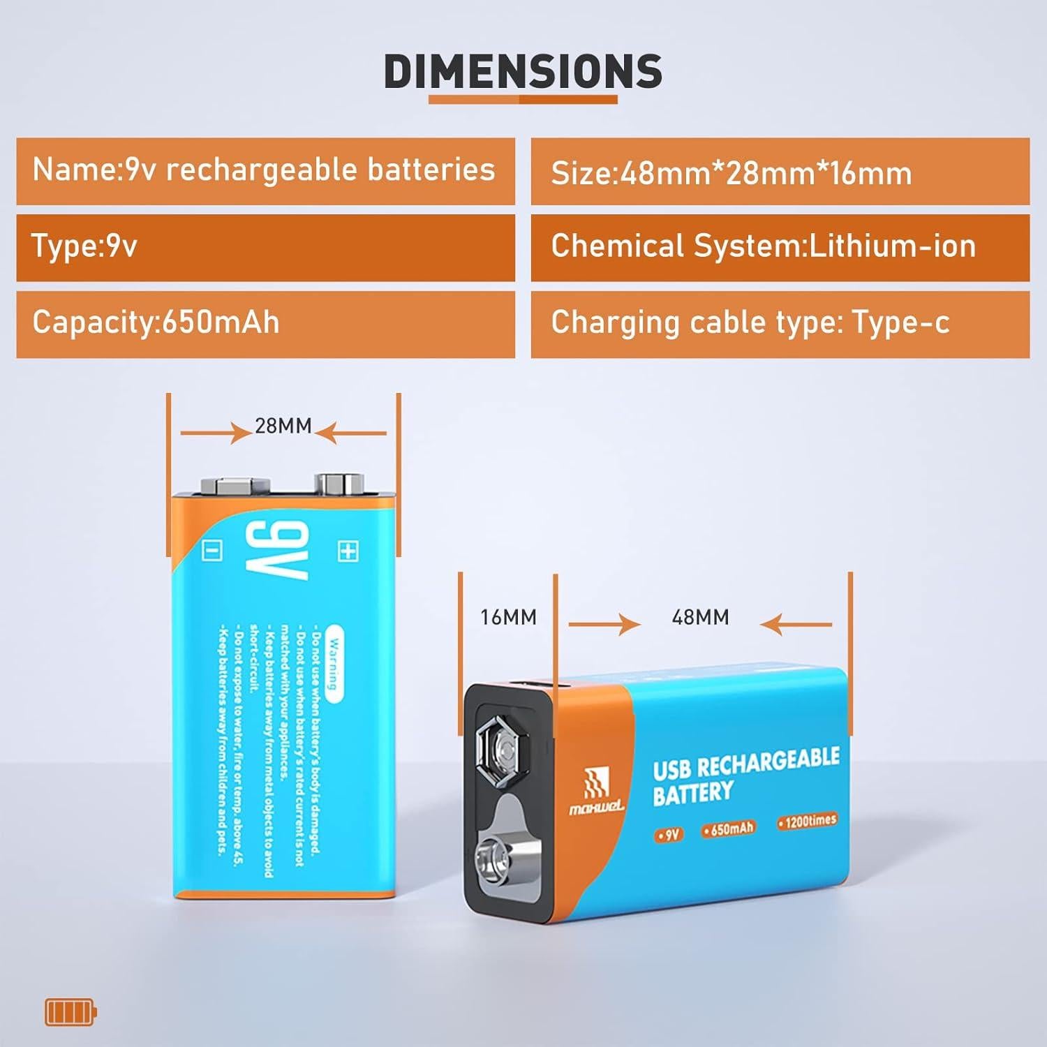 Batería Recargable 9V Maxwel 650mAh con Cable USB-C (Paquete de 2)