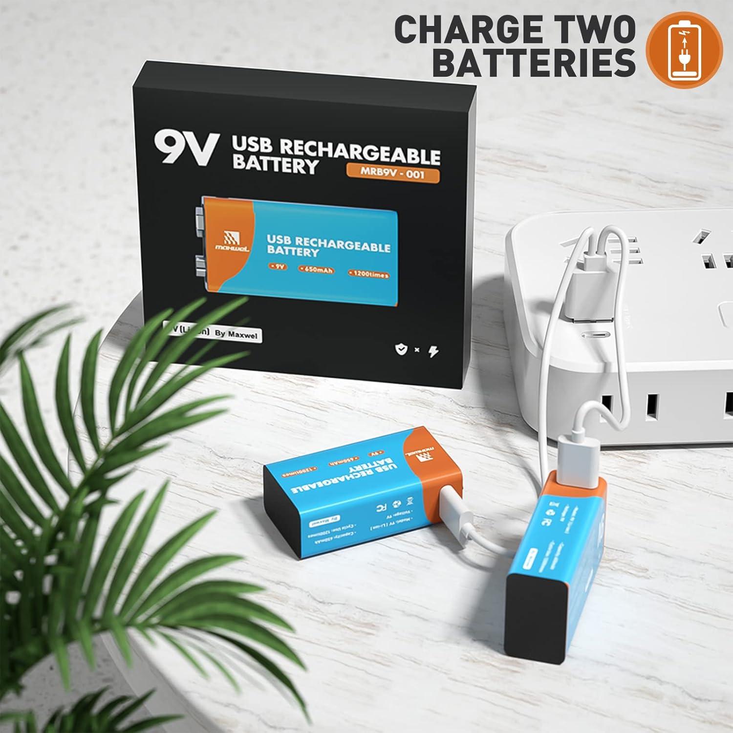 Batería Recargable 9V Maxwel 650mAh con Cable USB-C (Paquete de 2)